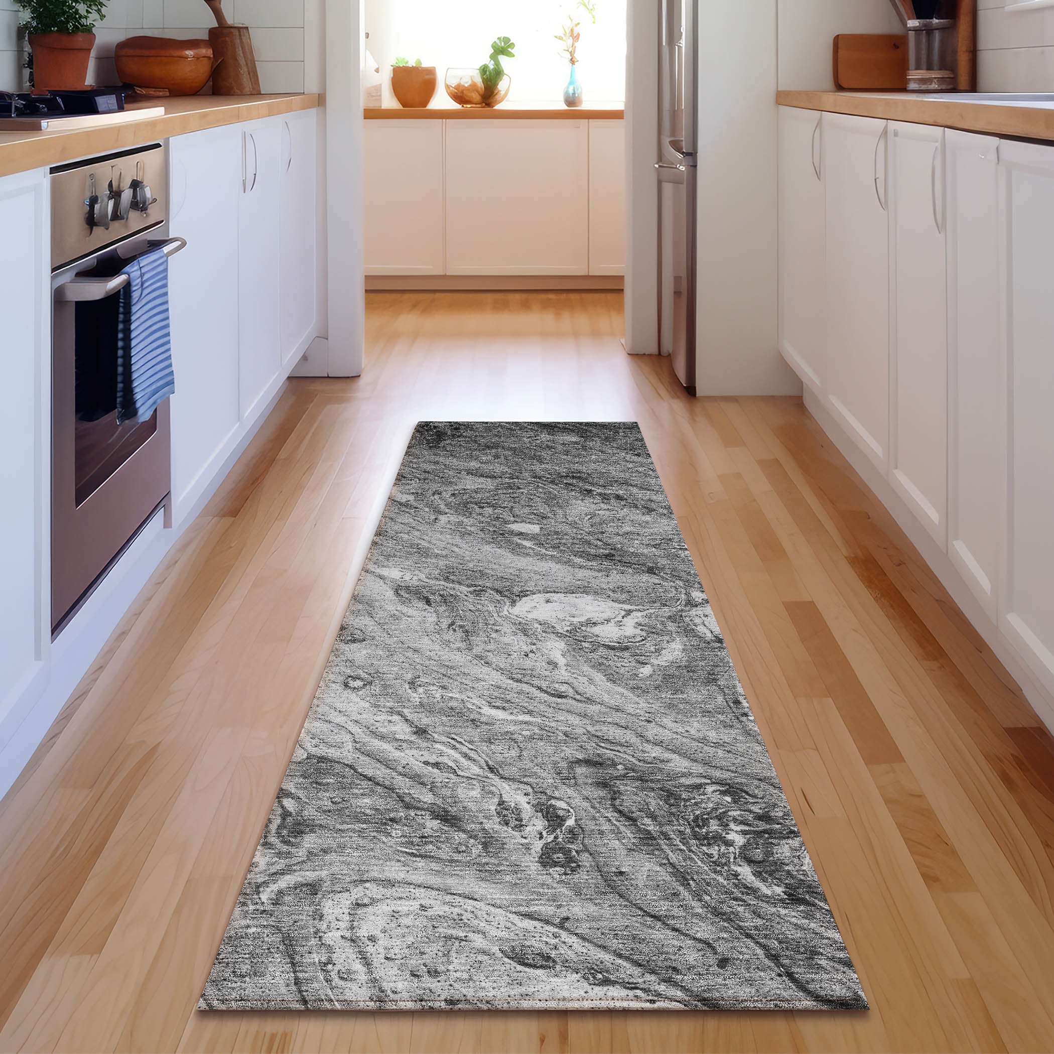 Kyoto Machine Washable Transitional Gray Rug 2'3" x 7'6" #shape_Runner