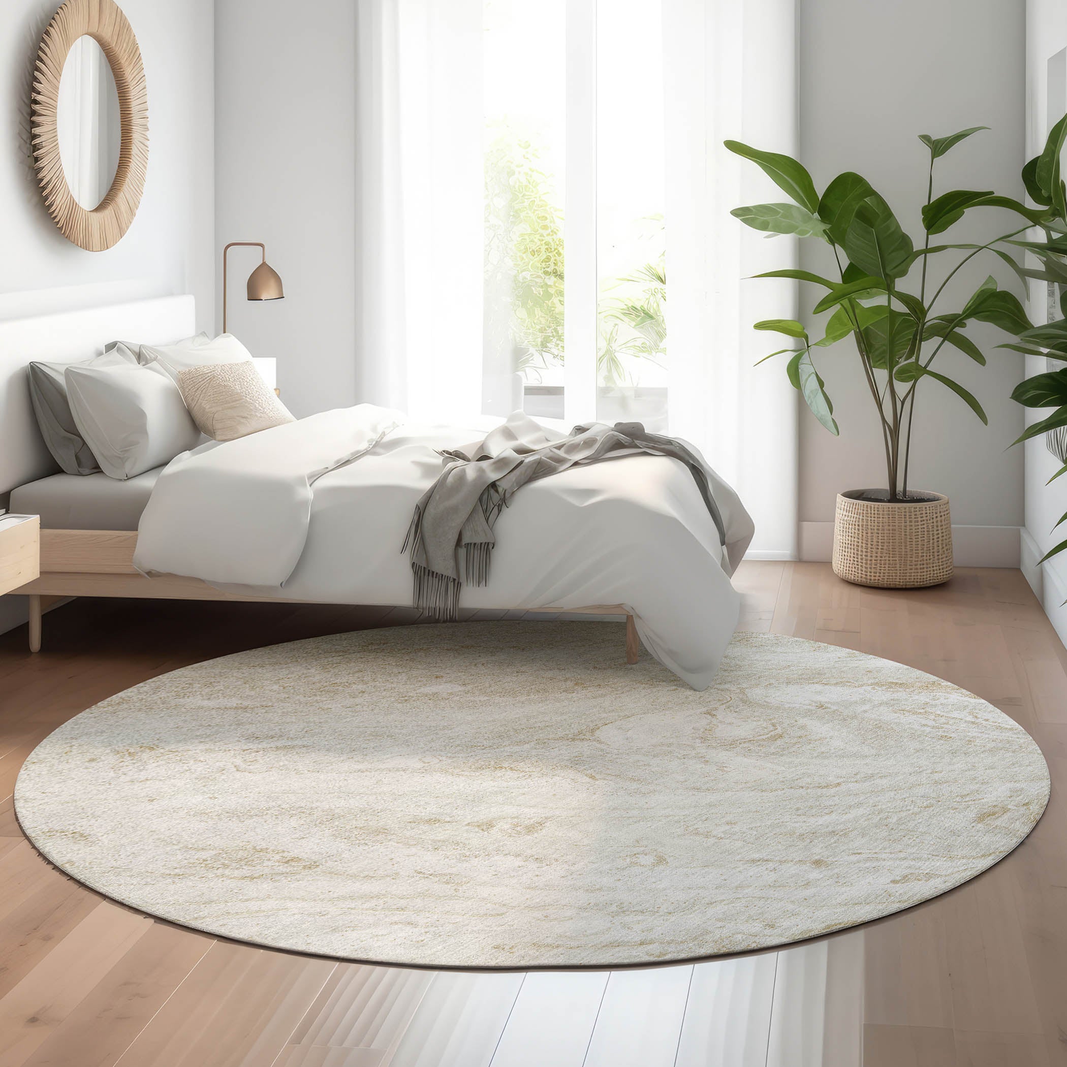 Kyoto Machine Washable Transitional Ivory Rug 8' x 8' #shape_Round