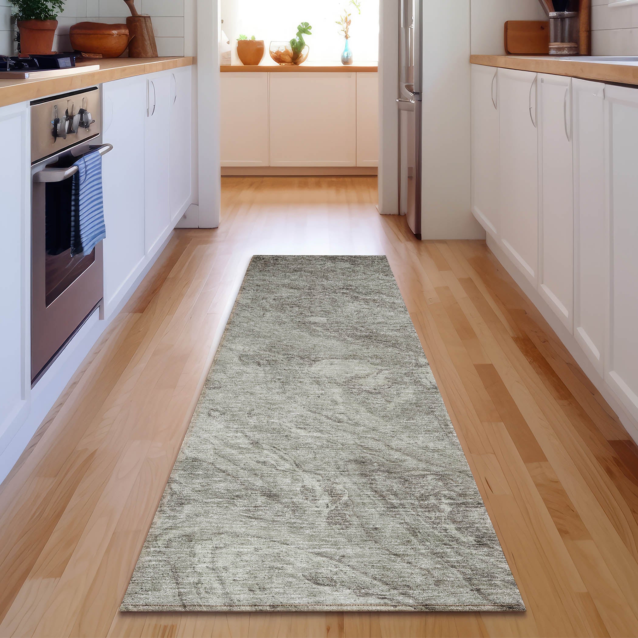 Kyoto Machine Washable Transitional Taupe Brown Rug 2'3" x 7'6" #shape_Runner