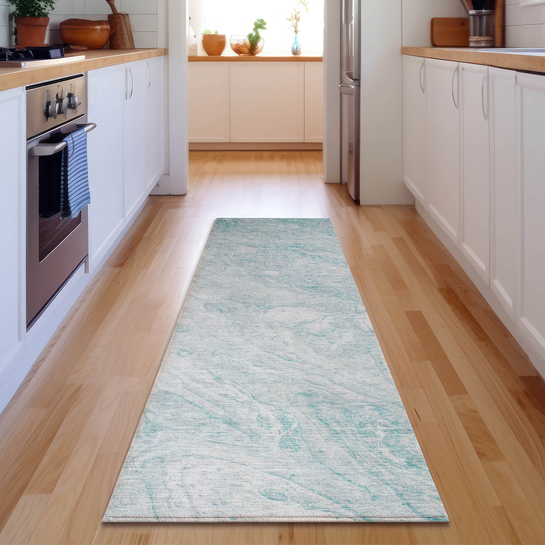 Kyoto Machine Washable Transitional Teal Rug 2'3" x 7'6" #shape_Runner