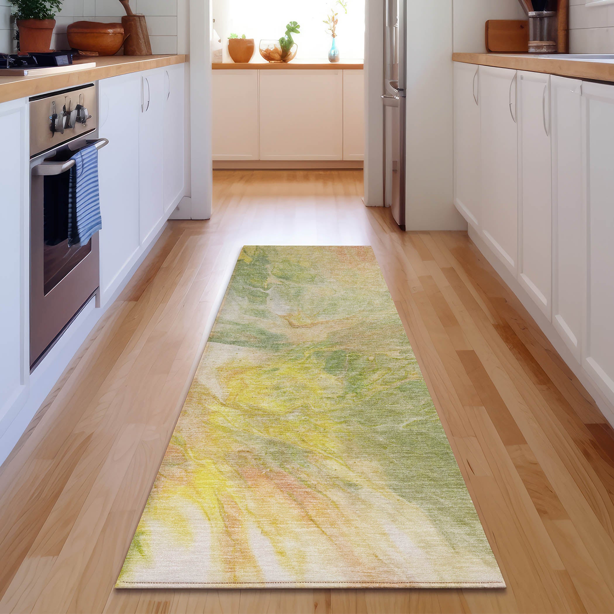 Colombo Machine Washable Transitional Green Rug 2'3" x 7'6" #shape_Runner