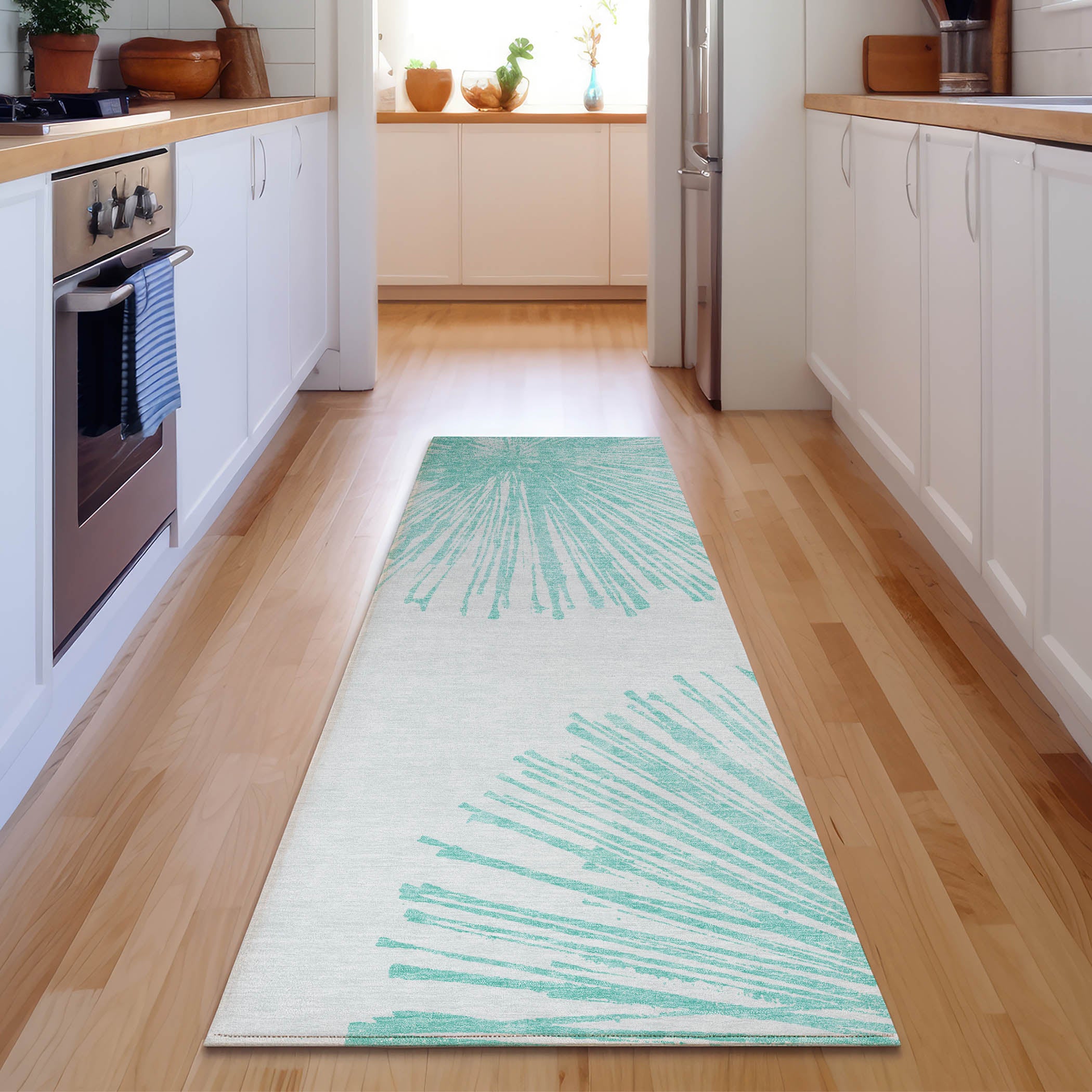 Dubrovnik Machine Washable Transitional Teal Rug 2'3" x 7'6" #shape_Runner