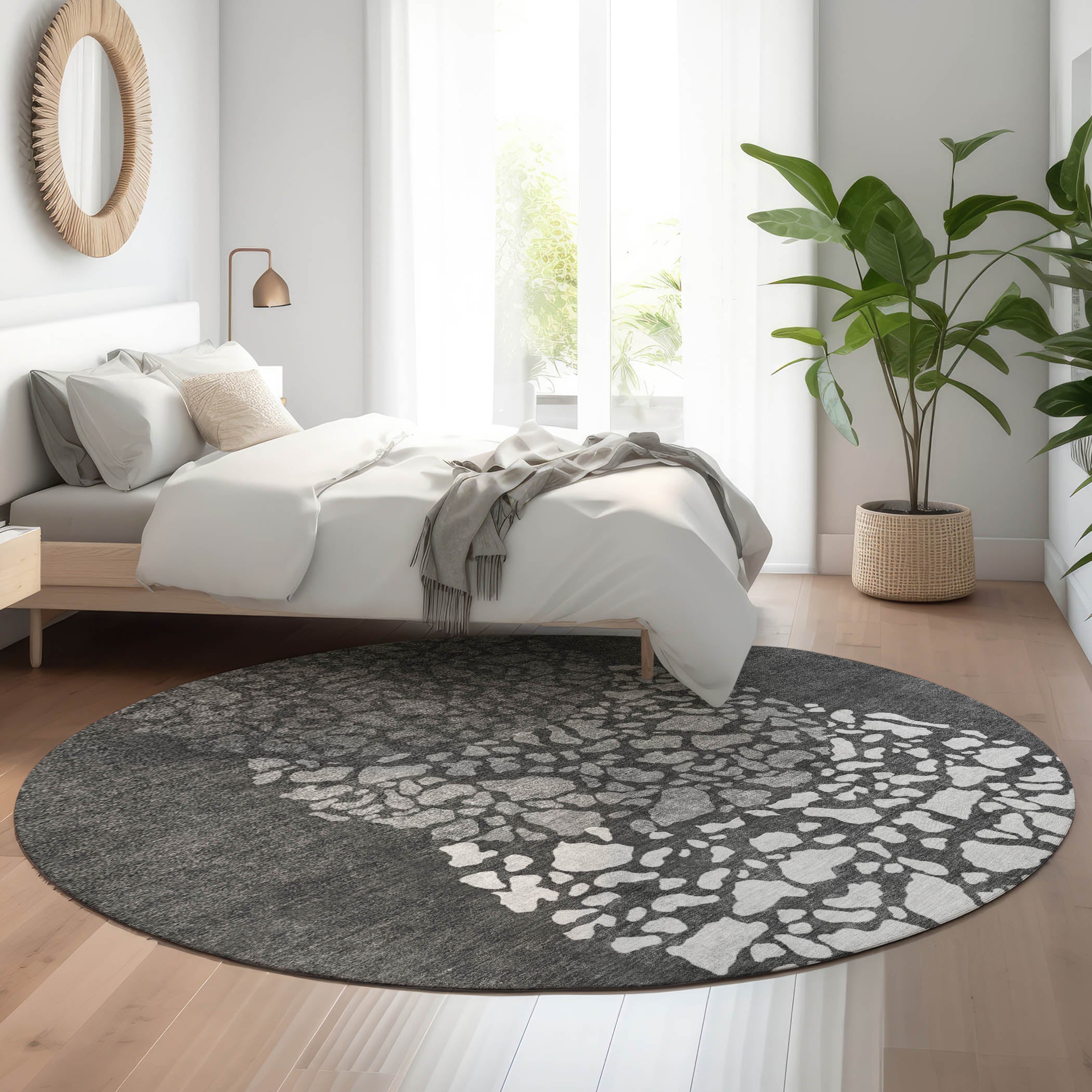 Reykjavik Machine Washable Transitional Charcoal Gray Rug 8' x 8' #shape_Round