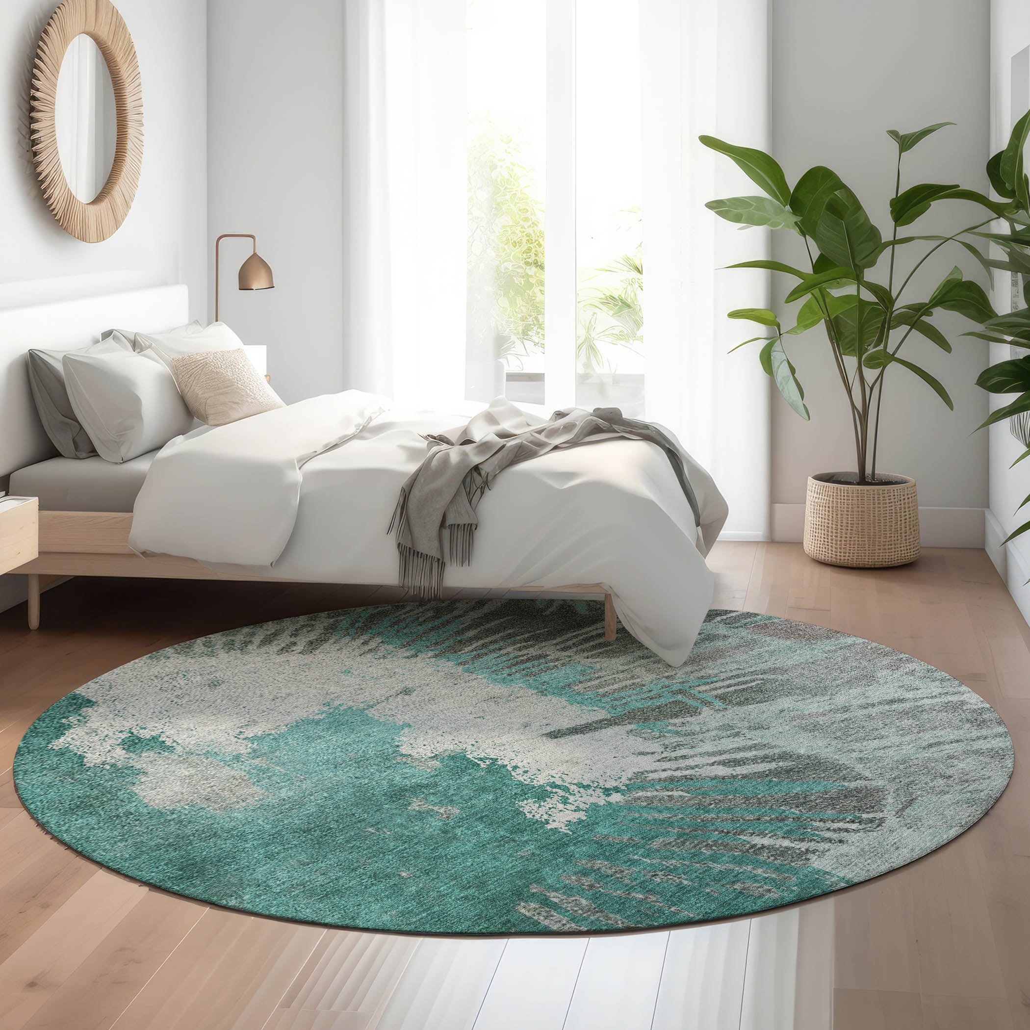 Colombo Machine Washable Transitional Teal Rug 8' x 8' #shape_Round