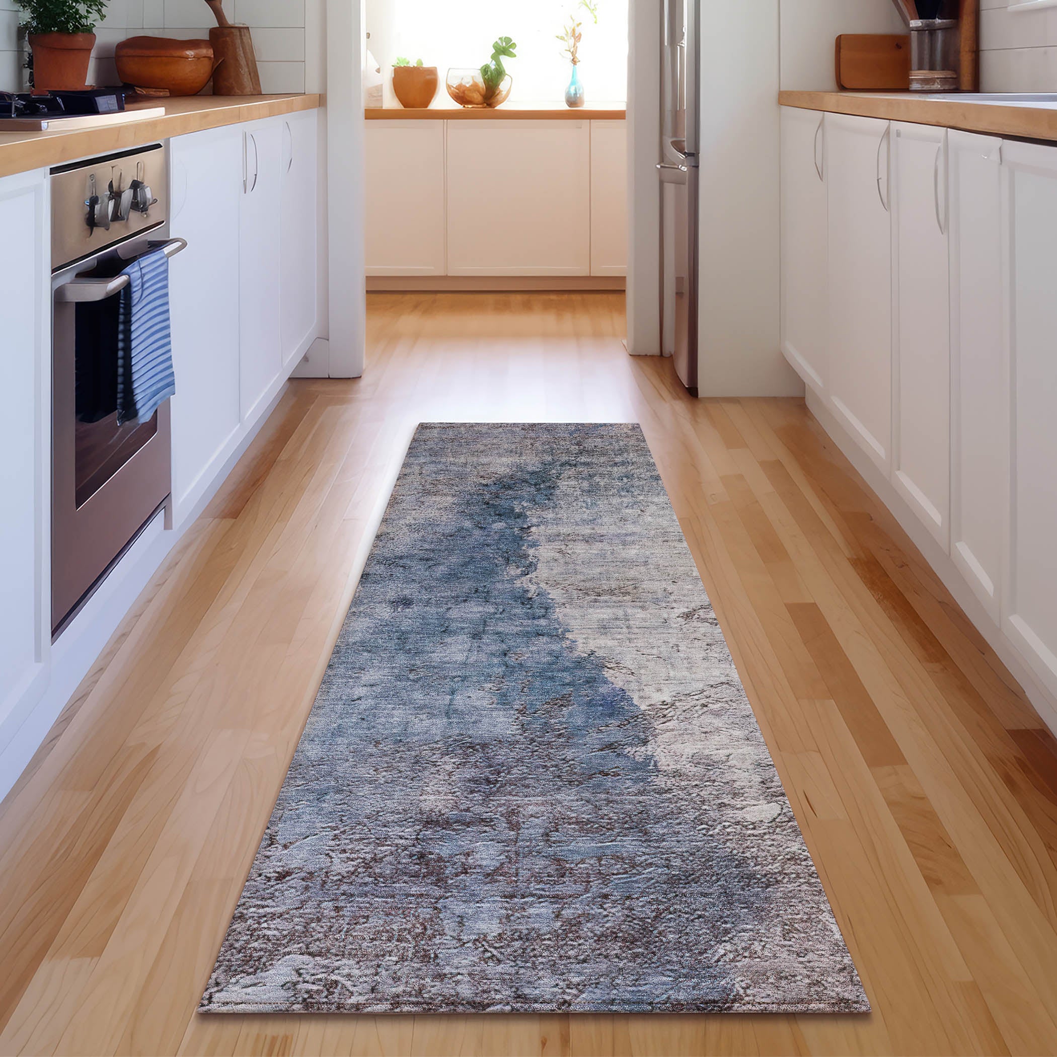 Baku Machine Washable Transitional Blue Rug 2'3" x 7'6" #shape_Runner