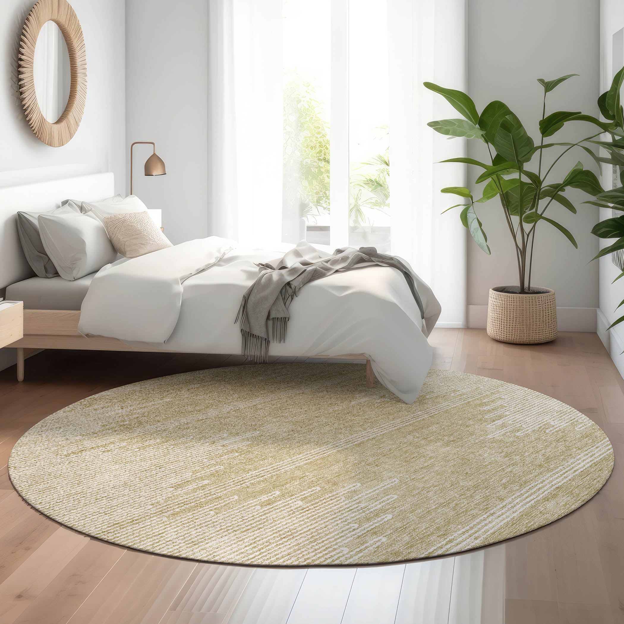 Seoul Machine Washable Transitional Beige Brown Rug 8' x 8' #shape_Round