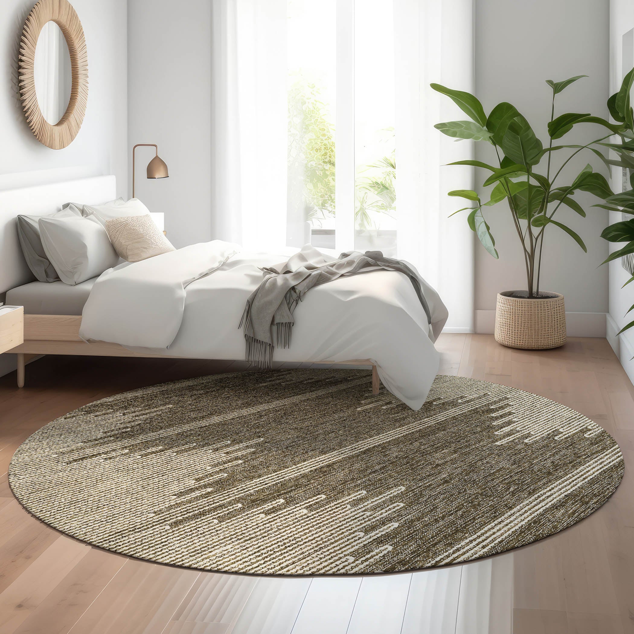 Seoul Machine Washable Transitional Coffee Brown Rug 8' x 8' #shape_Round