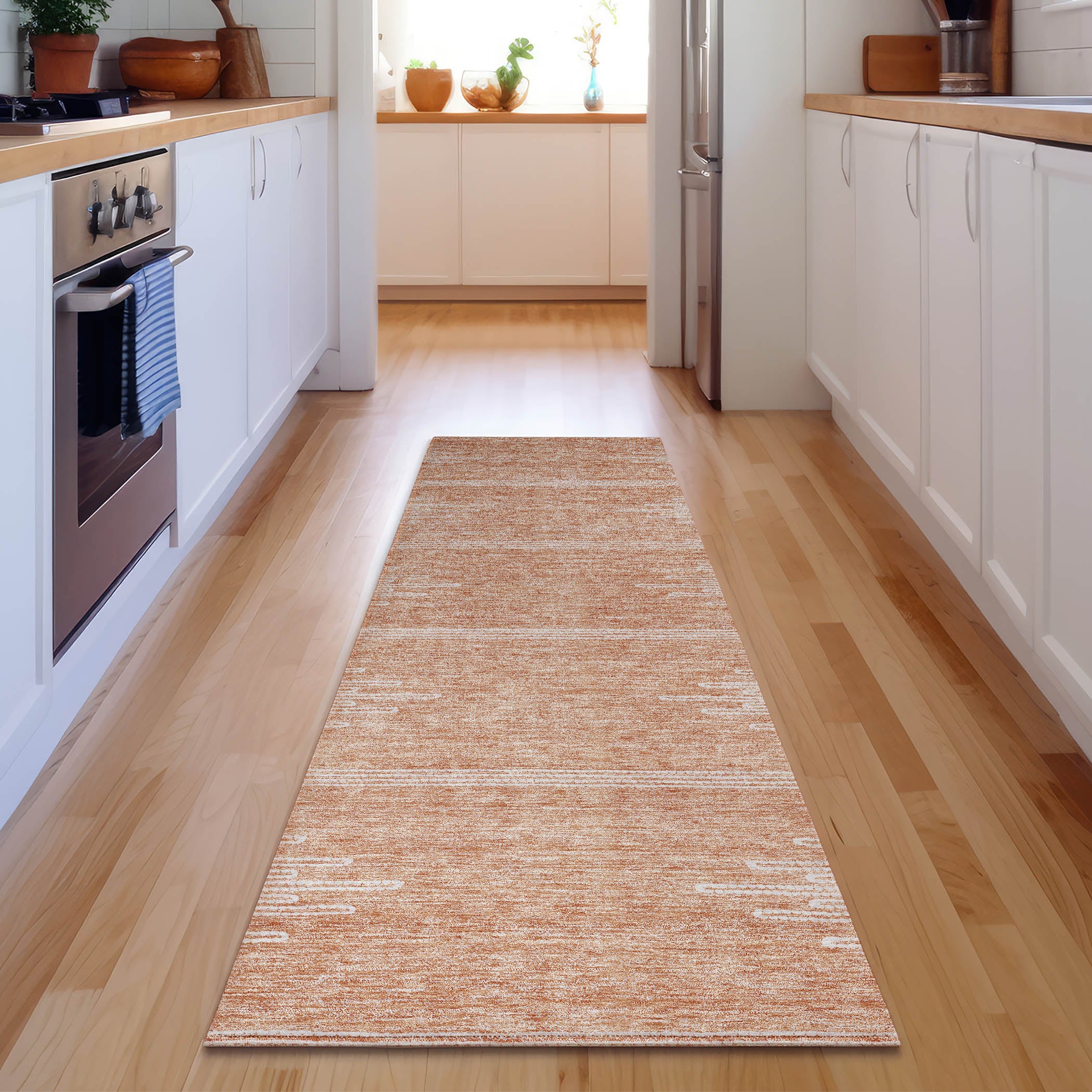 Seoul Machine Washable Transitional Salmon Orange Rug 2'3" x 7'6" #shape_Runner