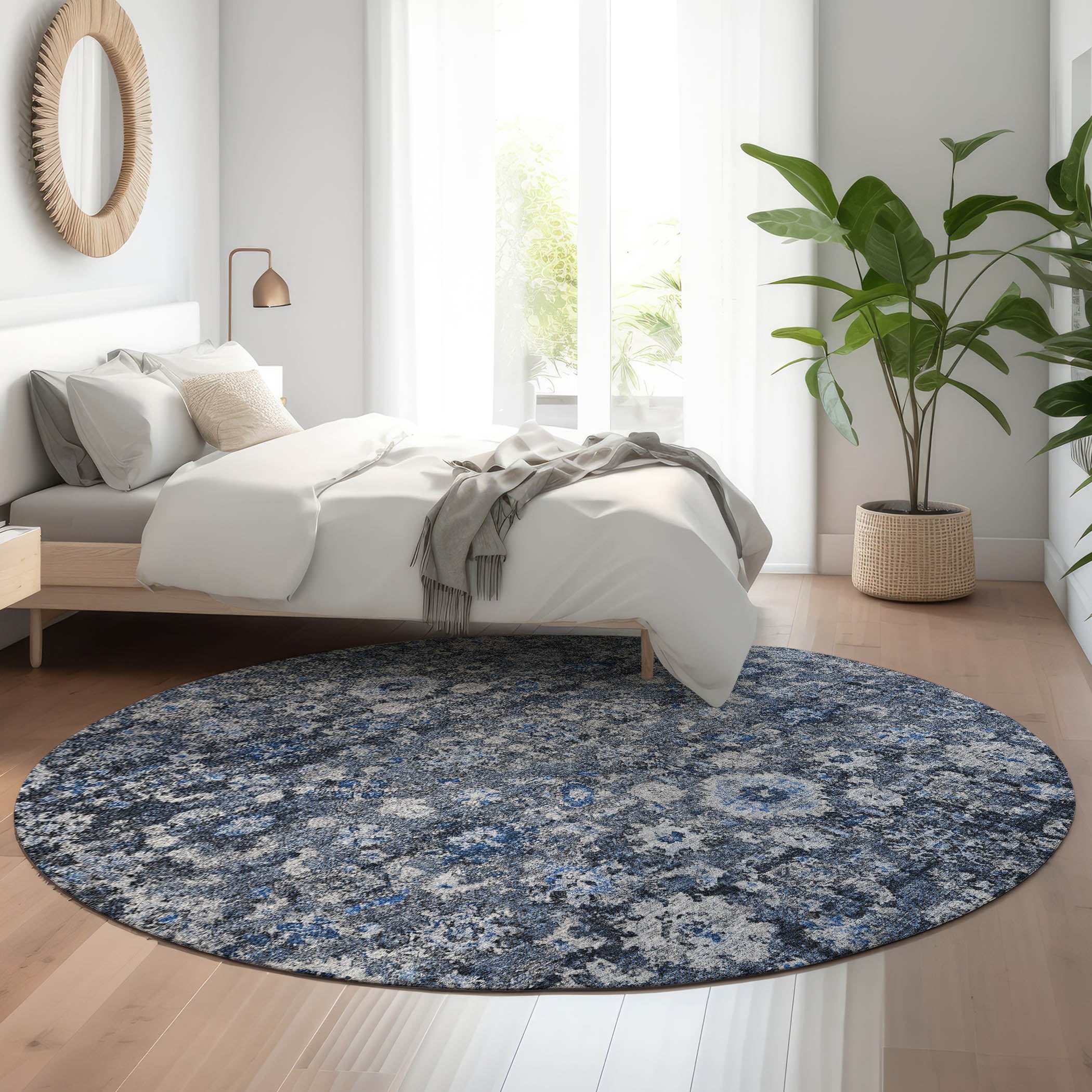 Siena Machine Washable Traditional Blue Rug 8' x 8' #shape_Round