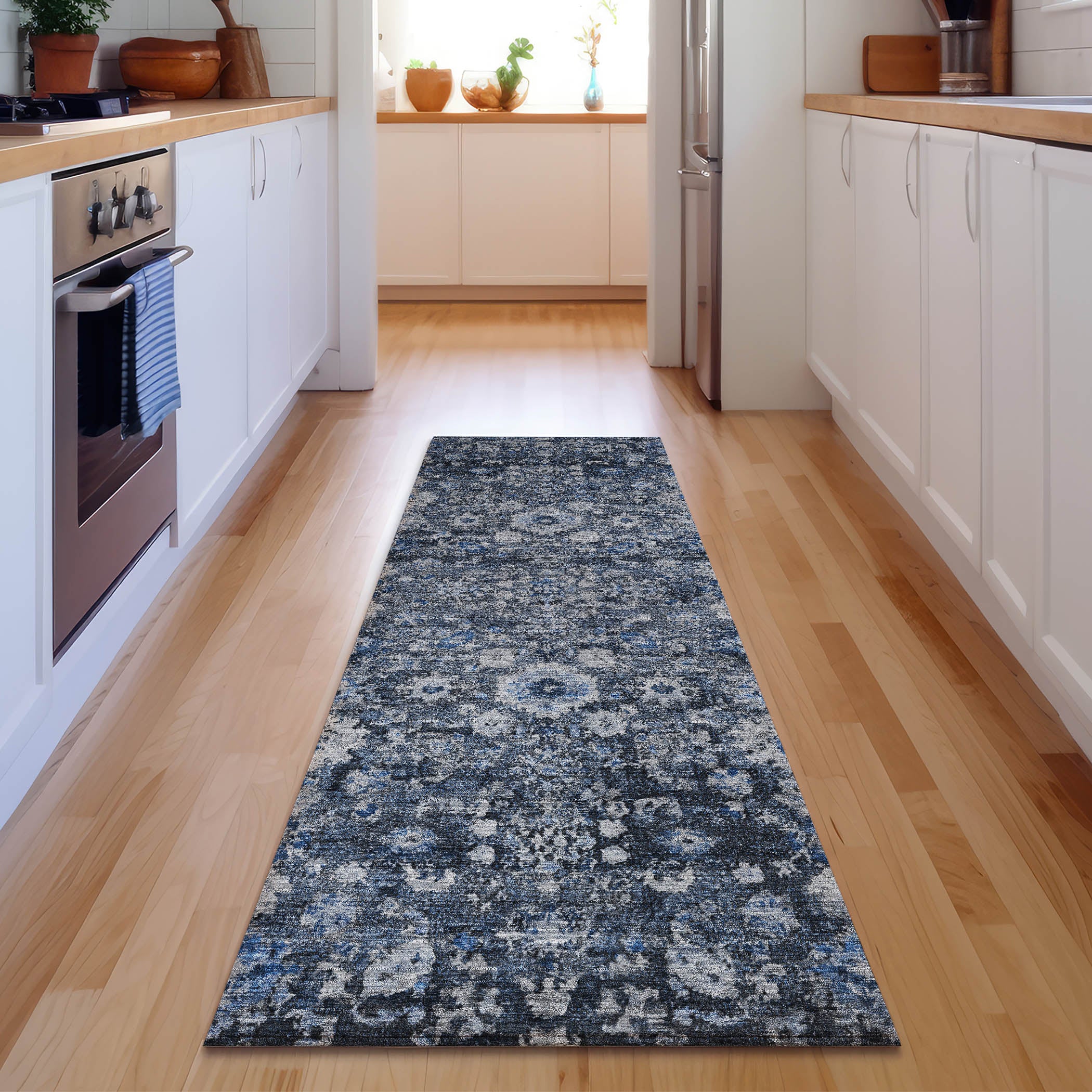 Siena Machine Washable Traditional Blue Rug 2'3" x 7'6" #shape_Runner