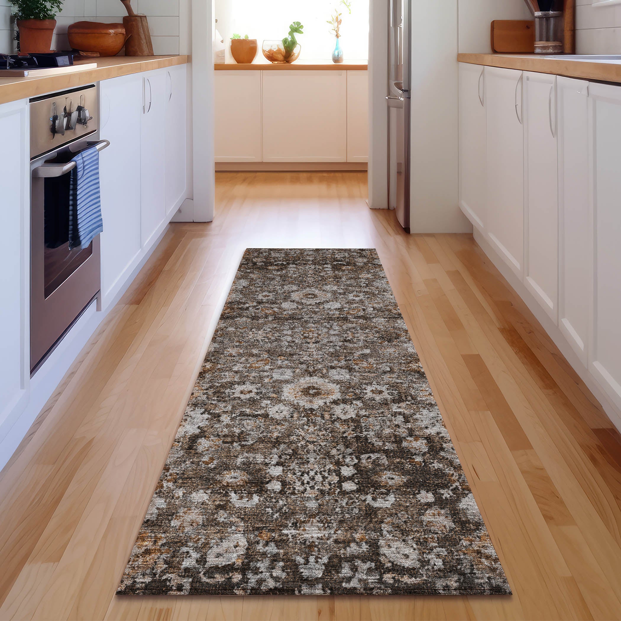 Siena Machine Washable Traditional Fudge Brown Rug 2'3" x 7'6" #shape_Runner