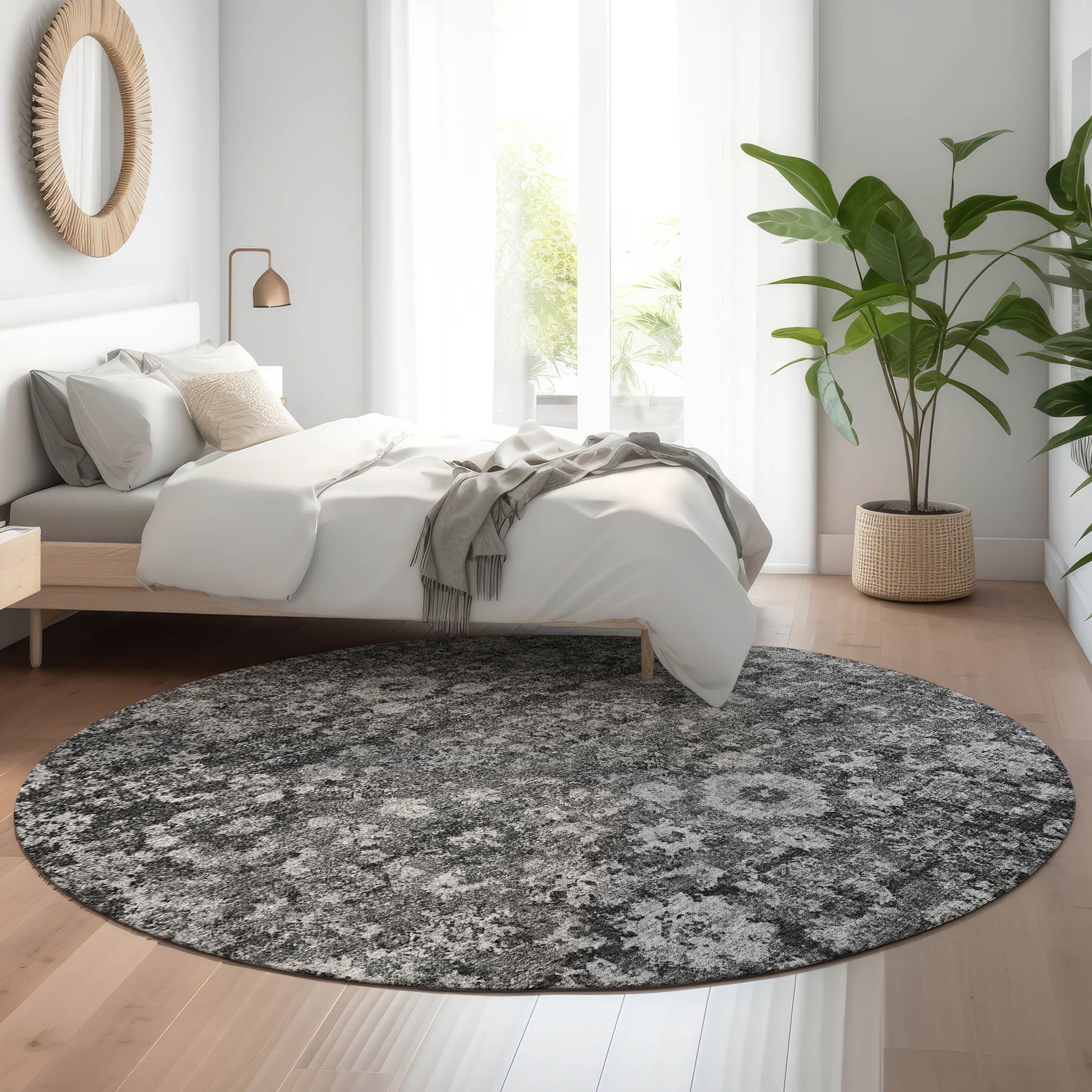 Siena Machine Washable Traditional Gray Rug 8' x 8' #shape_Round