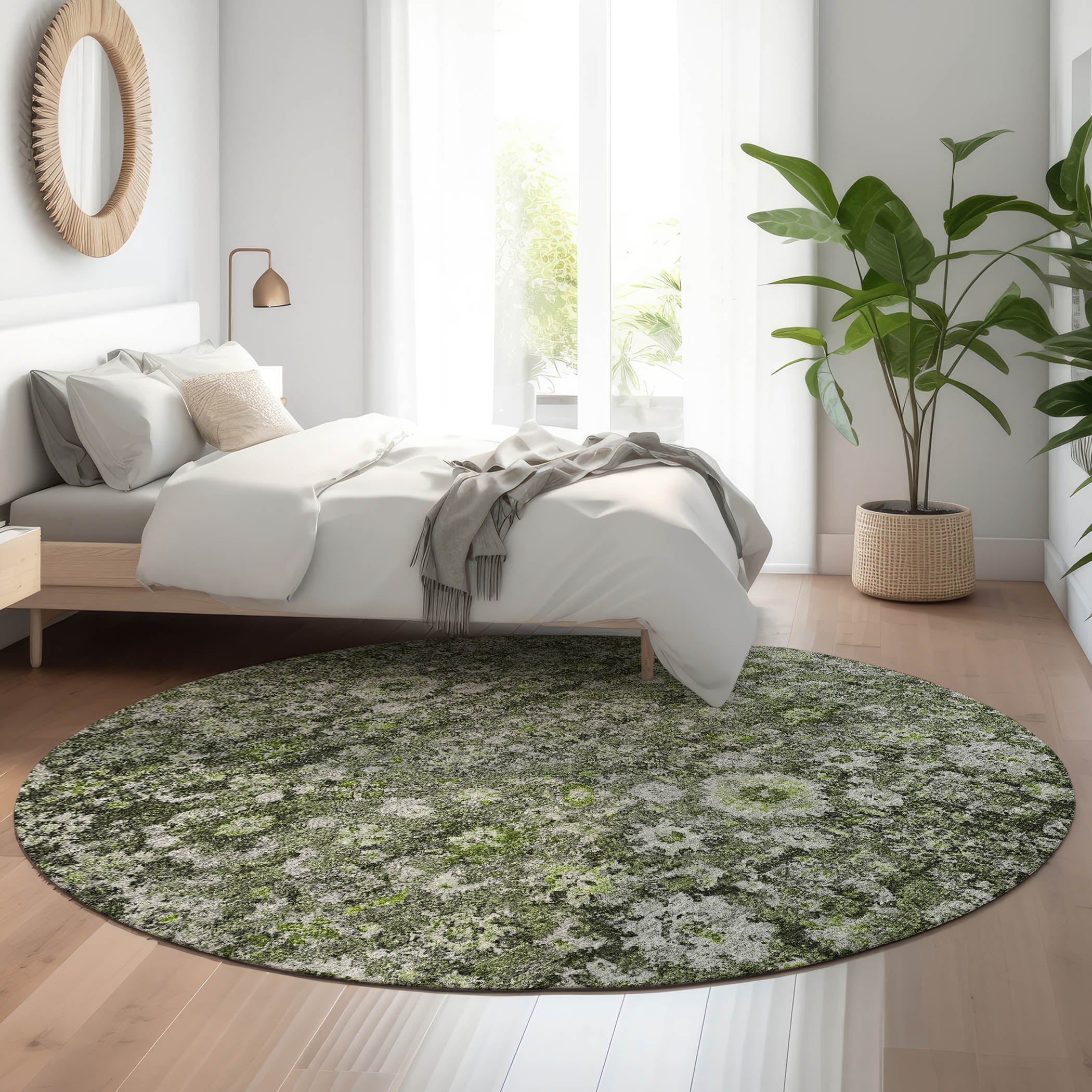 Siena Machine Washable Traditional Green Rug 8' x 8' #shape_Round