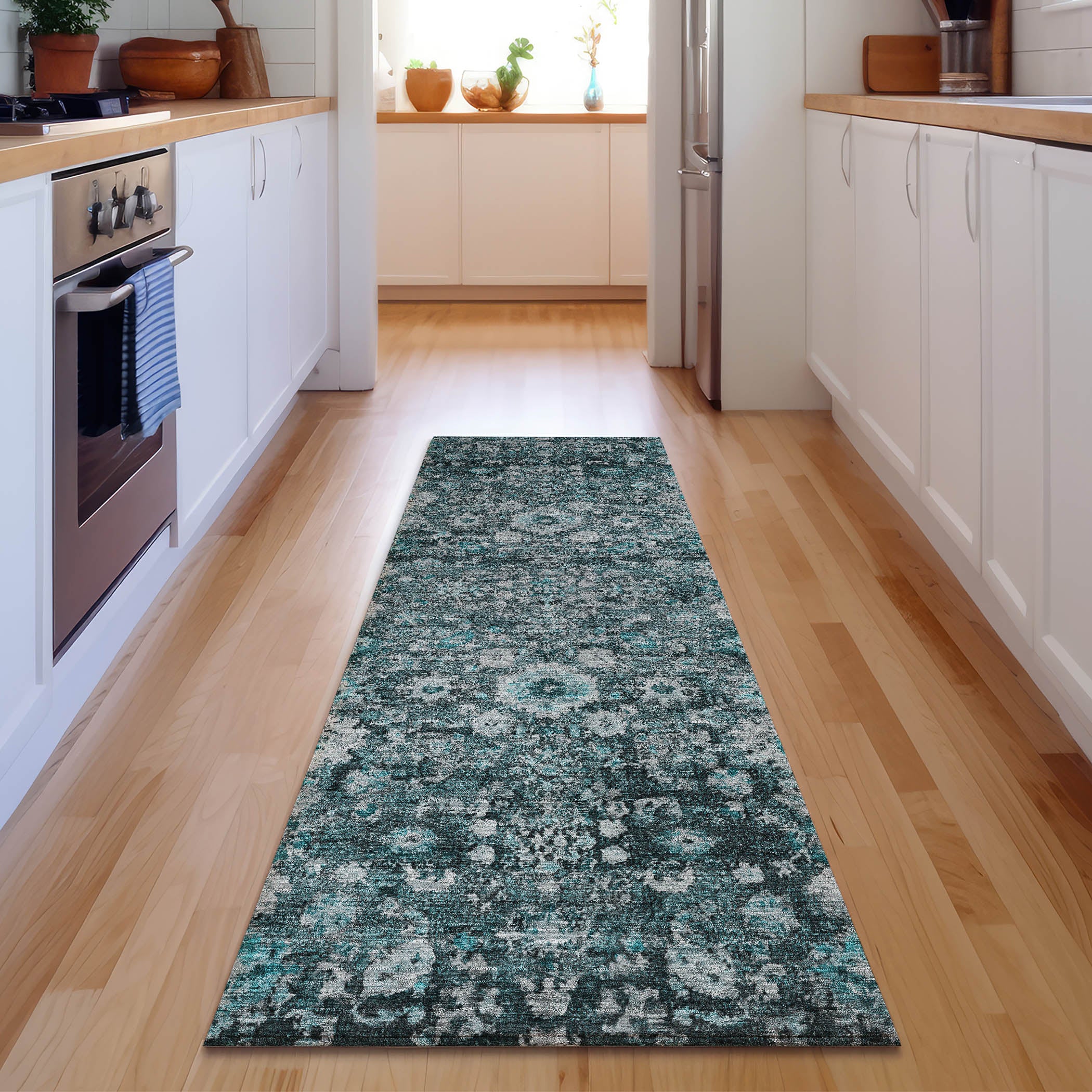 Siena Machine Washable Traditional Teal Rug 2'3" x 7'6" #shape_Runner