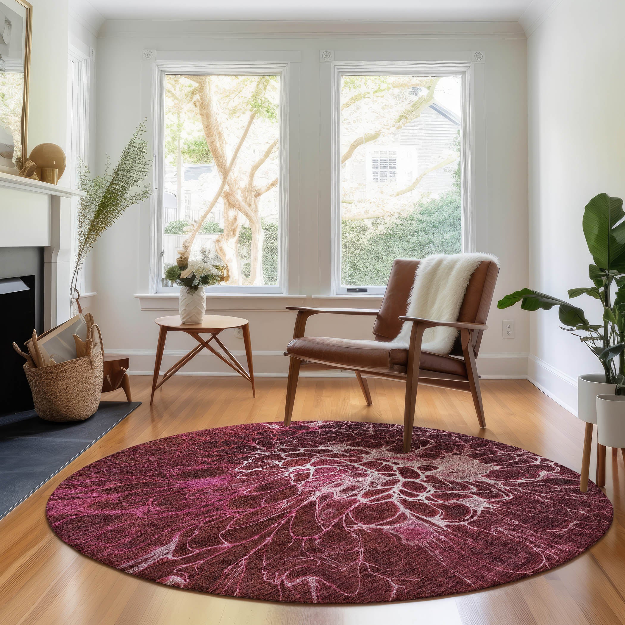 Chiang Mai Machine Washable Transitional Merlot Red Rug 8' x 8' #shape_Round
