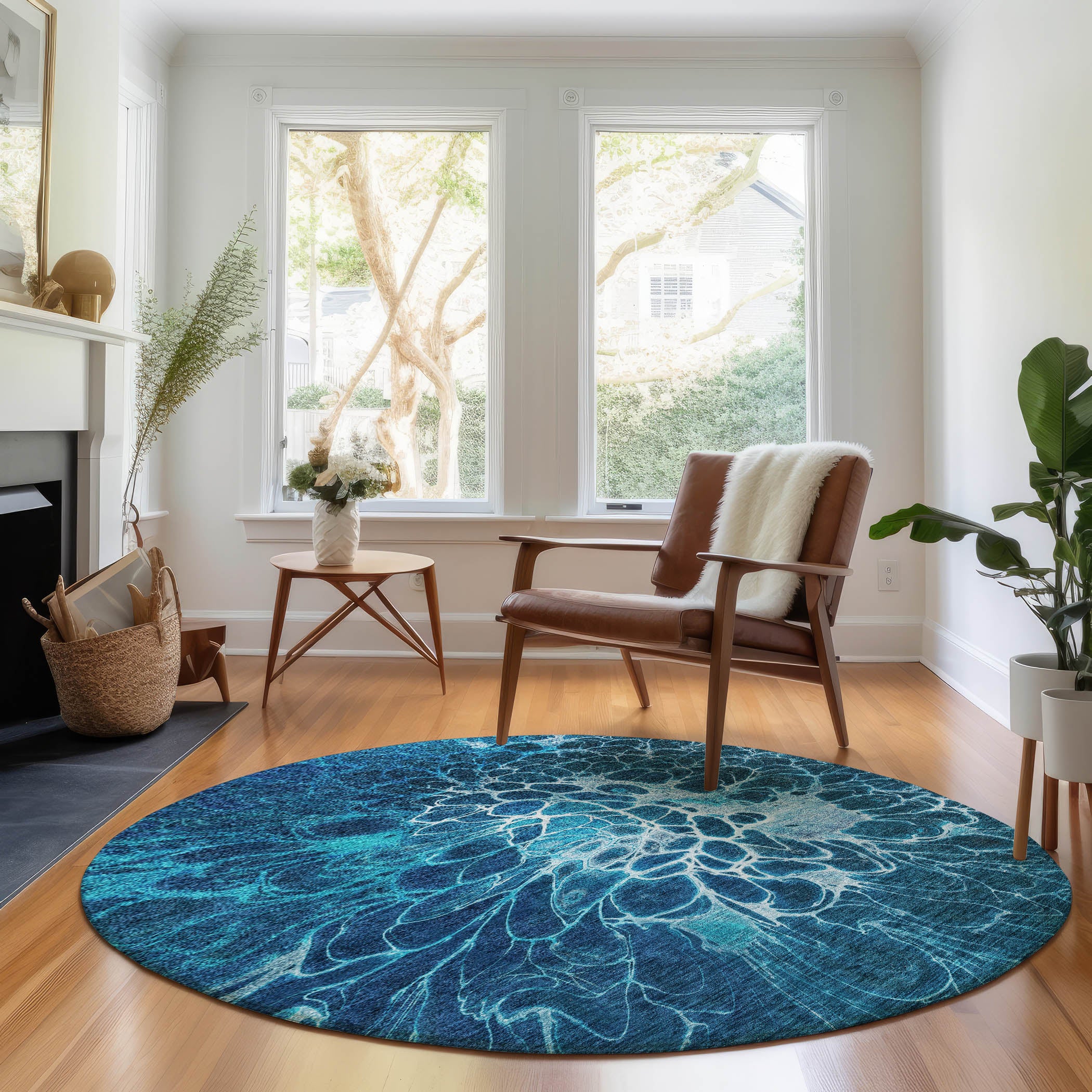 Chiang Mai Machine Washable Transitional Navy Blue Rug 8' x 8' #shape_Round
