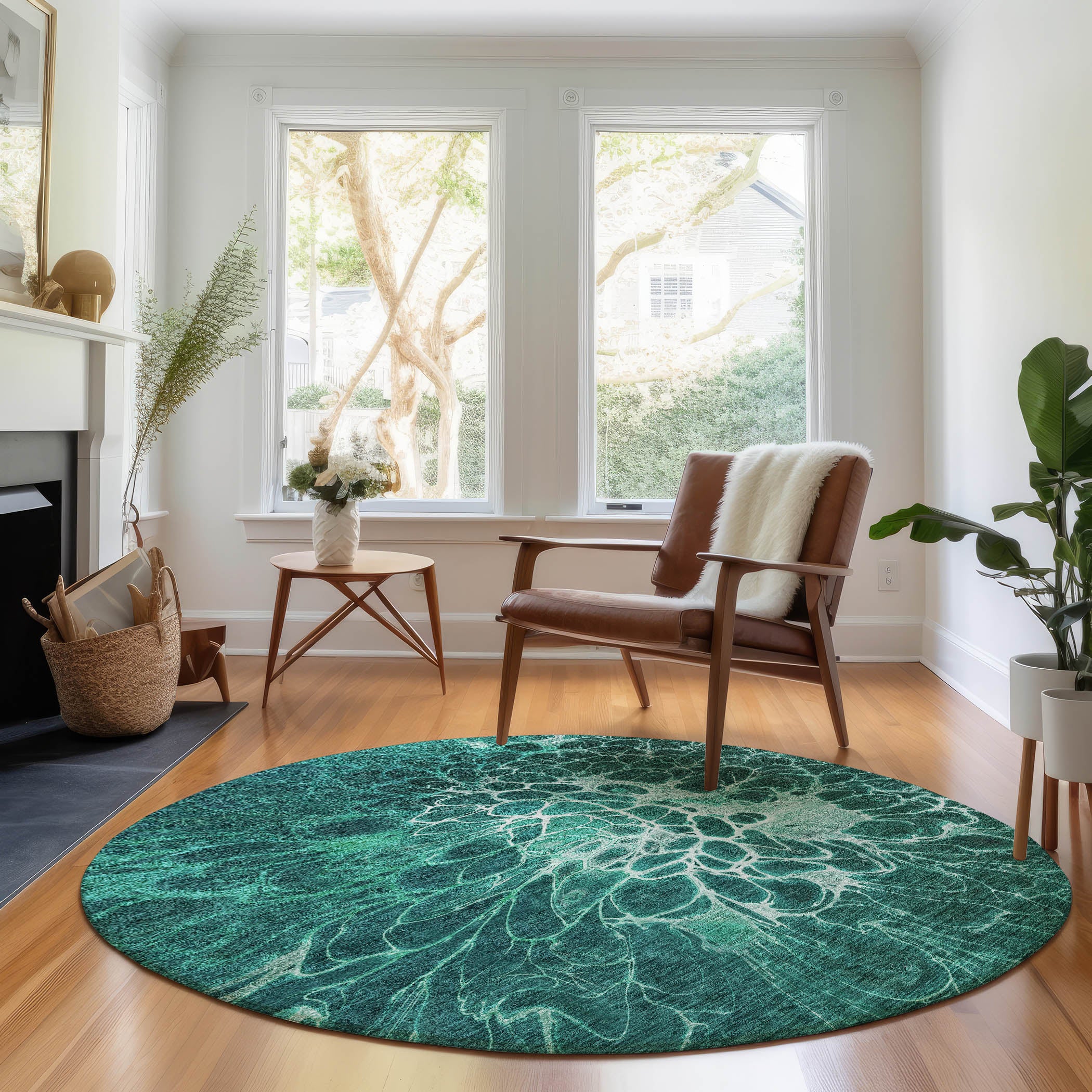Chiang Mai Machine Washable Transitional Teal Rug 8' x 8' #shape_Round