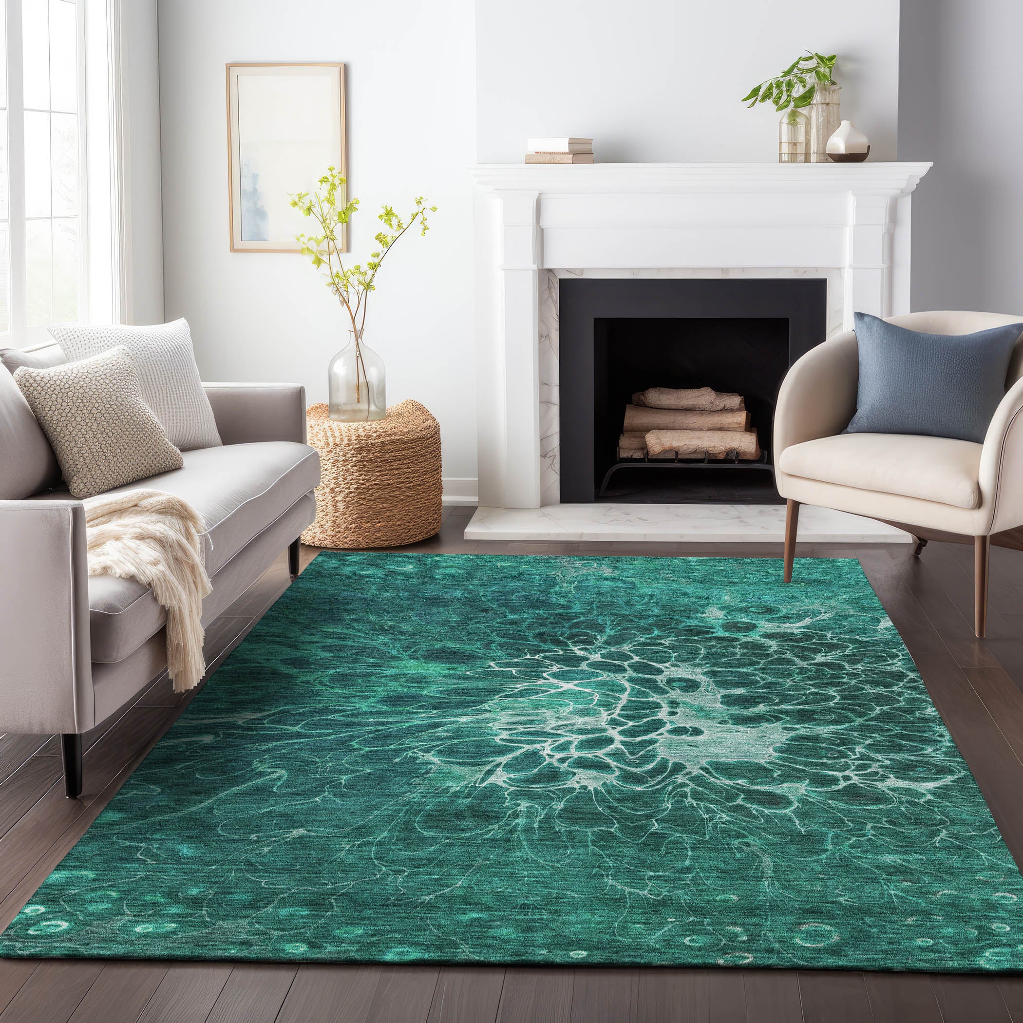 Chiang Mai Machine Washable Transitional Teal Rug 2'6" x 3'10" #shape_Rectangle