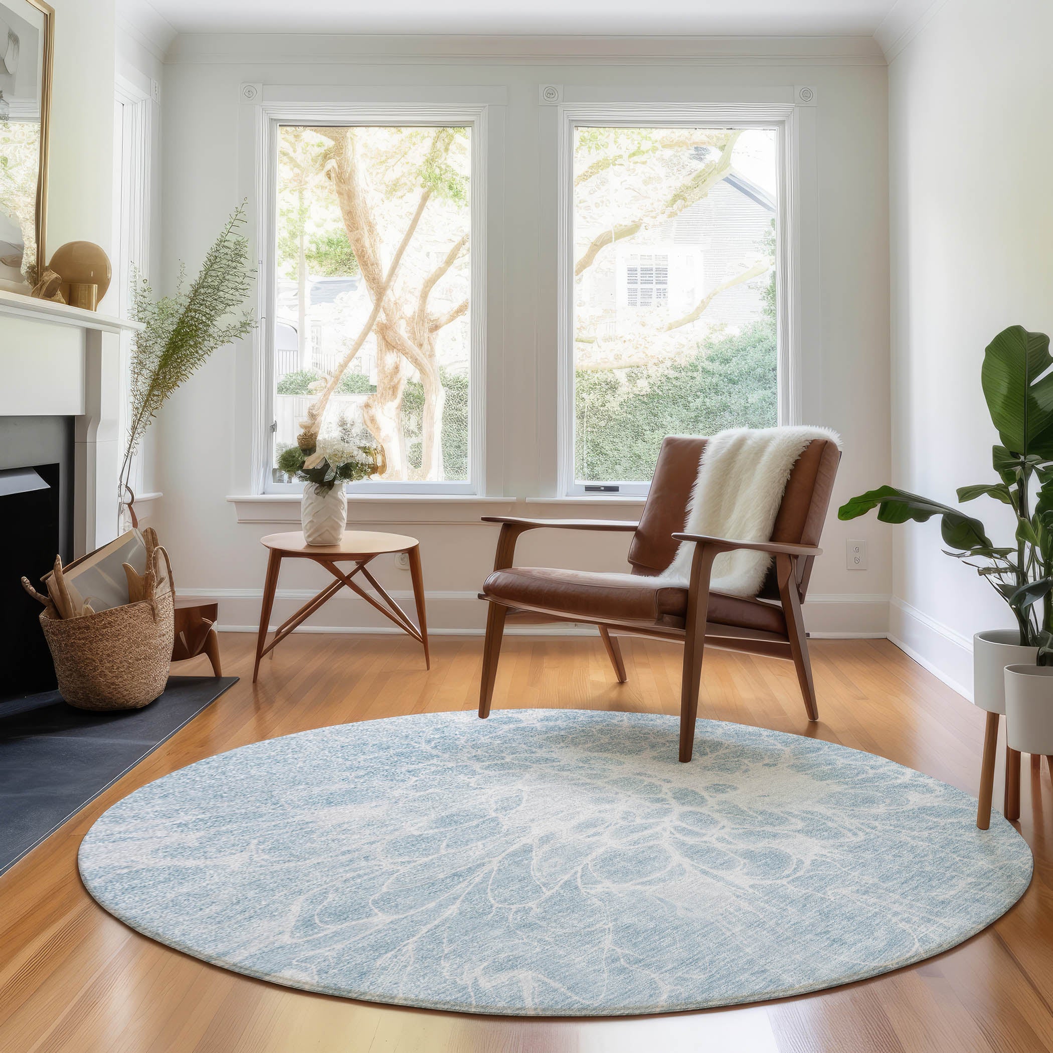 Lucerne Machine Washable Transitional Sky Blue Rug 8' x 8' #shape_Round