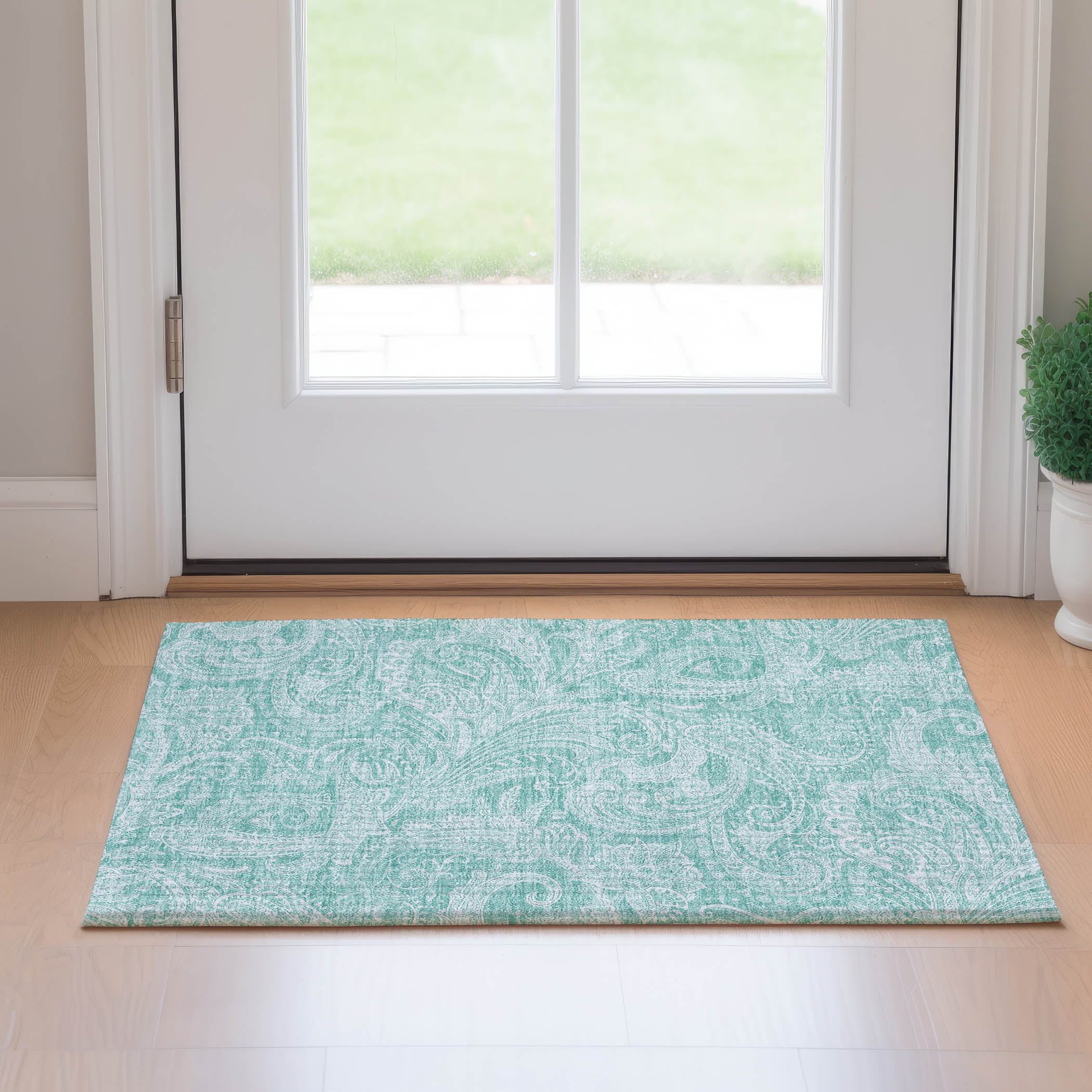 Seoul Machine Washable Transitional Teal Rug 1'8" x 2'6" #shape_Rectangle