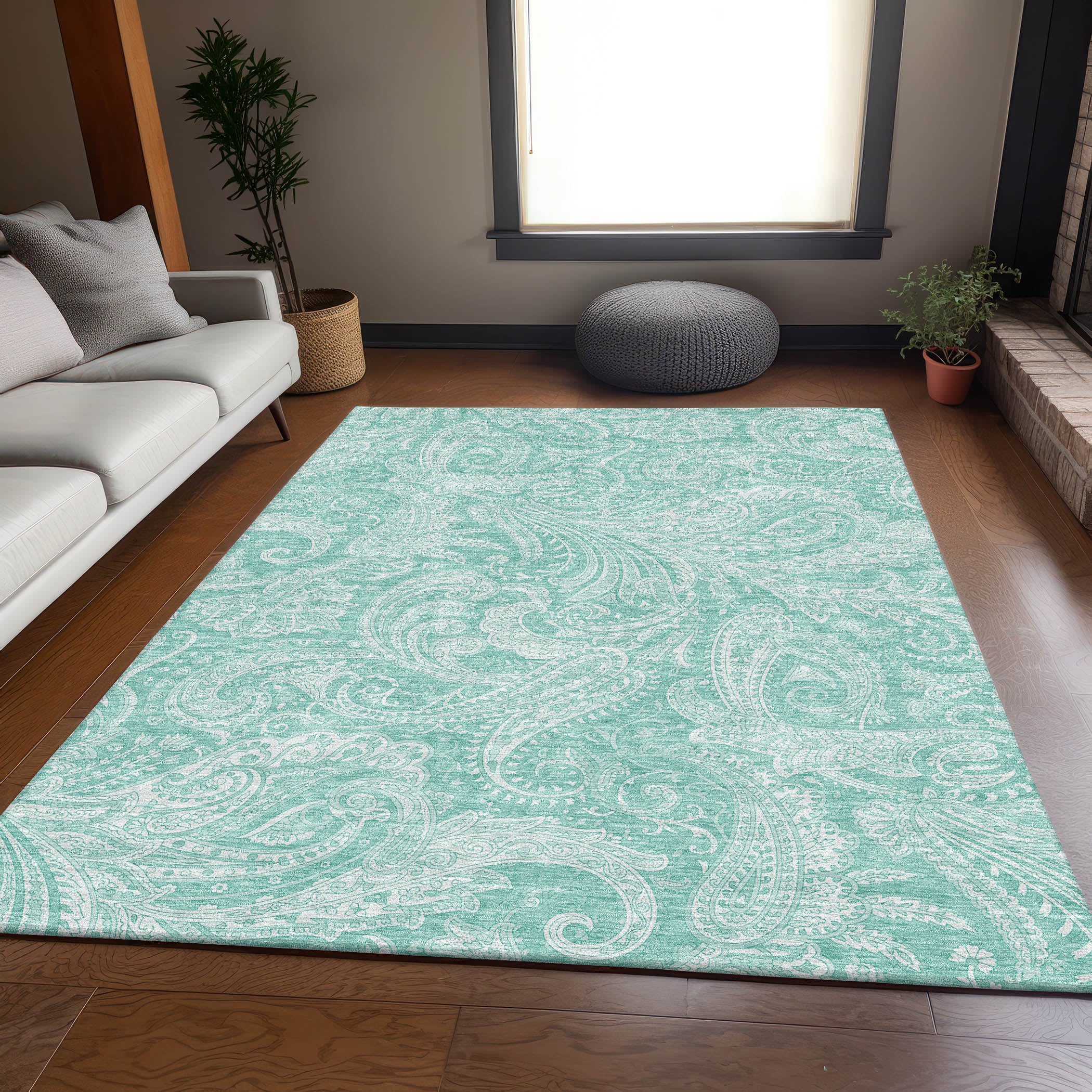 Seoul Machine Washable Transitional Teal Rug 2'6" x 3'10" #shape_Rectangle
