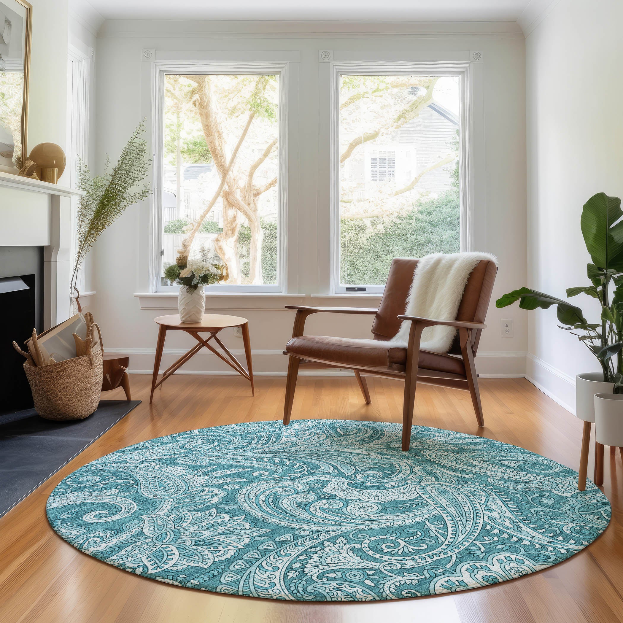 Seoul Machine Washable Transitional Turquoise Teal Rug 8' x 8' #shape_Round
