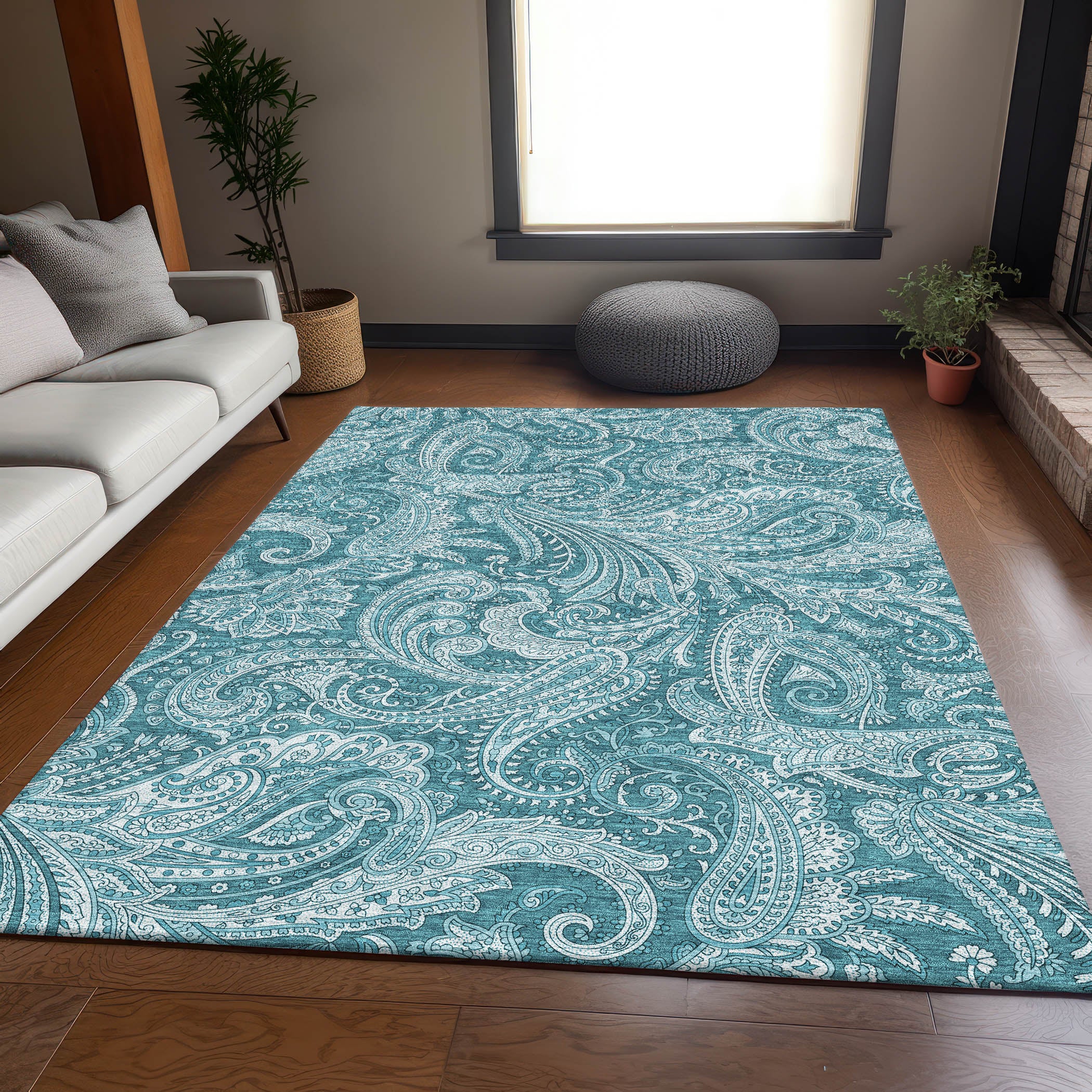 Seoul Machine Washable Transitional Turquoise Teal Rug 2'6" x 3'10" #shape_Rectangle