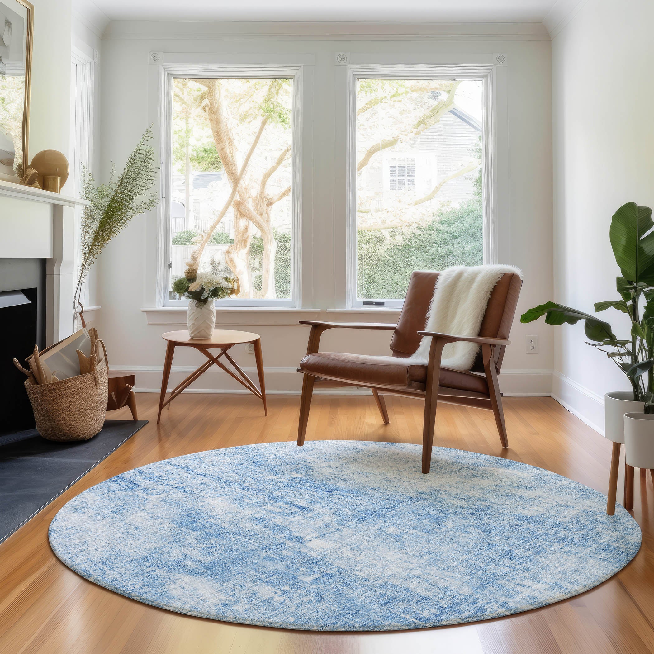 Bergen Machine Washable Transitional Blue Rug 8' x 8' #shape_Round