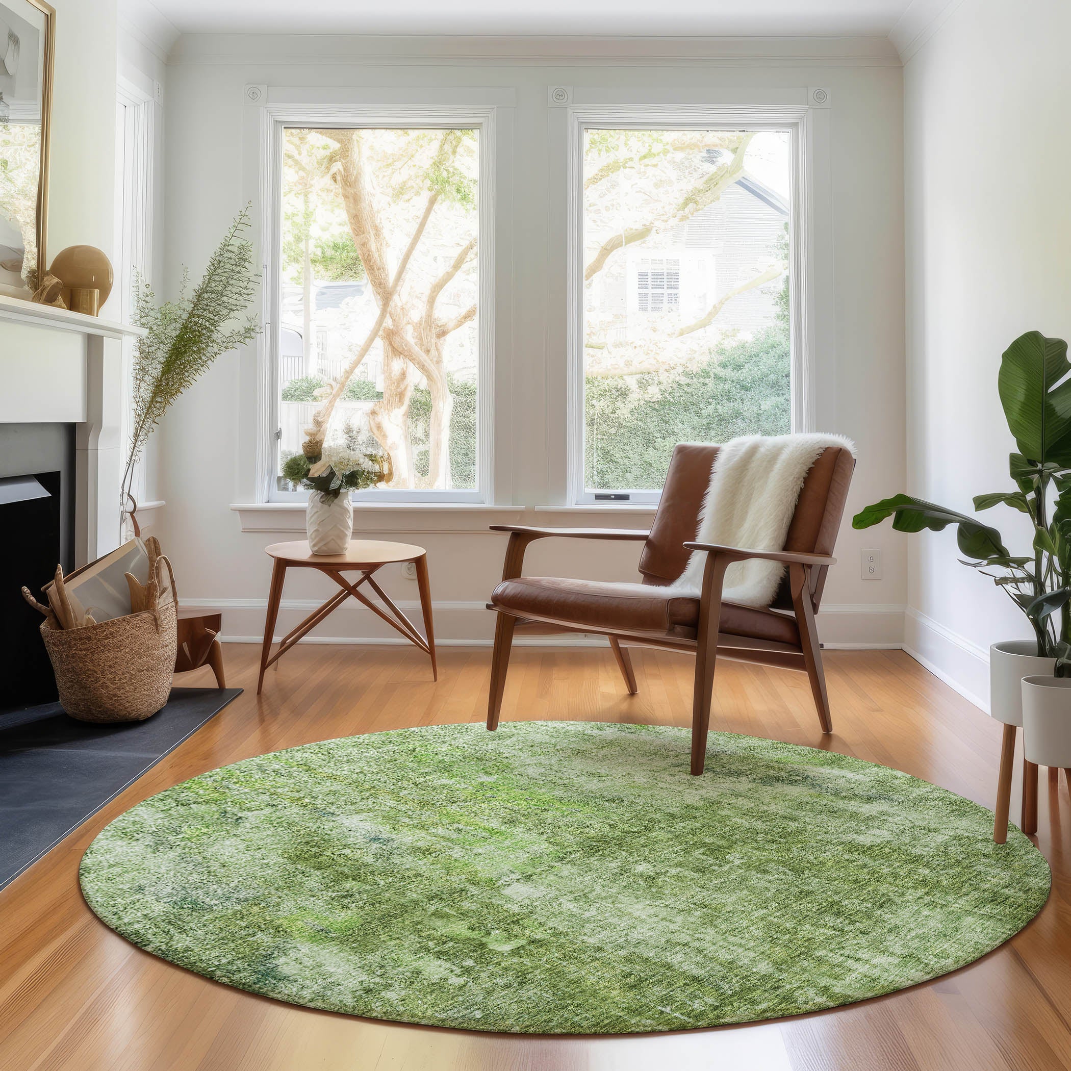 Bergen Machine Washable Transitional Olive Green Rug 8' x 8' #shape_Round