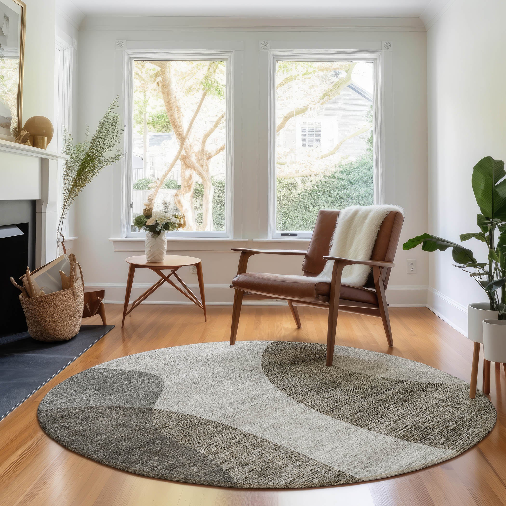 Bogota Machine Washable Transitional Taupe Brown Rug 8' x 8' #shape_Round