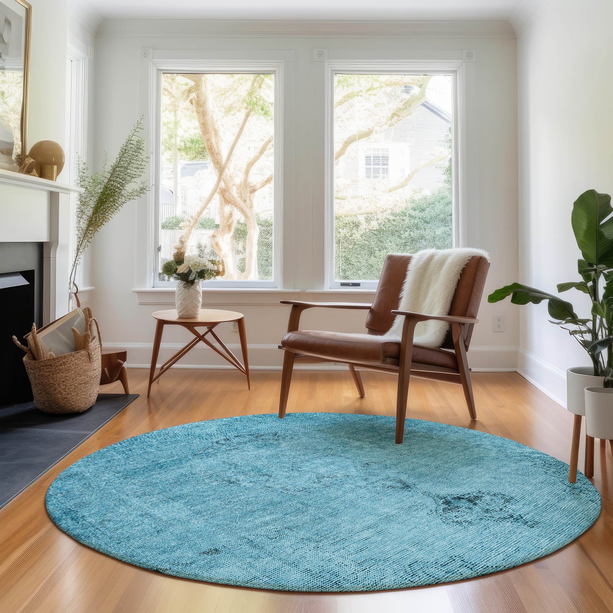 Seville Machine Washable Traditional Blue Rug 8' x 8' #shape_Round