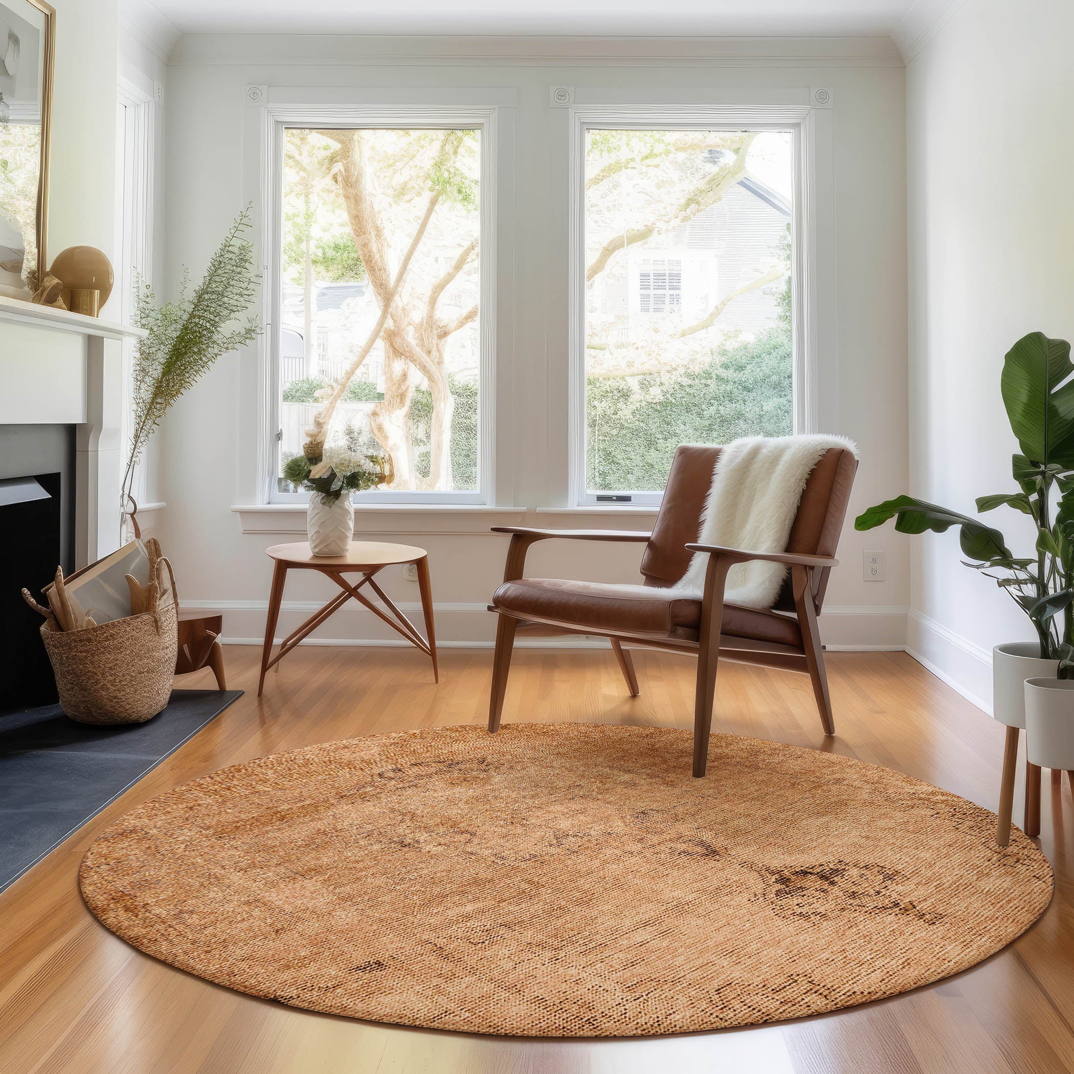 Seville Machine Washable Traditional Copper Orange Rug 8' x 8' #shape_Round