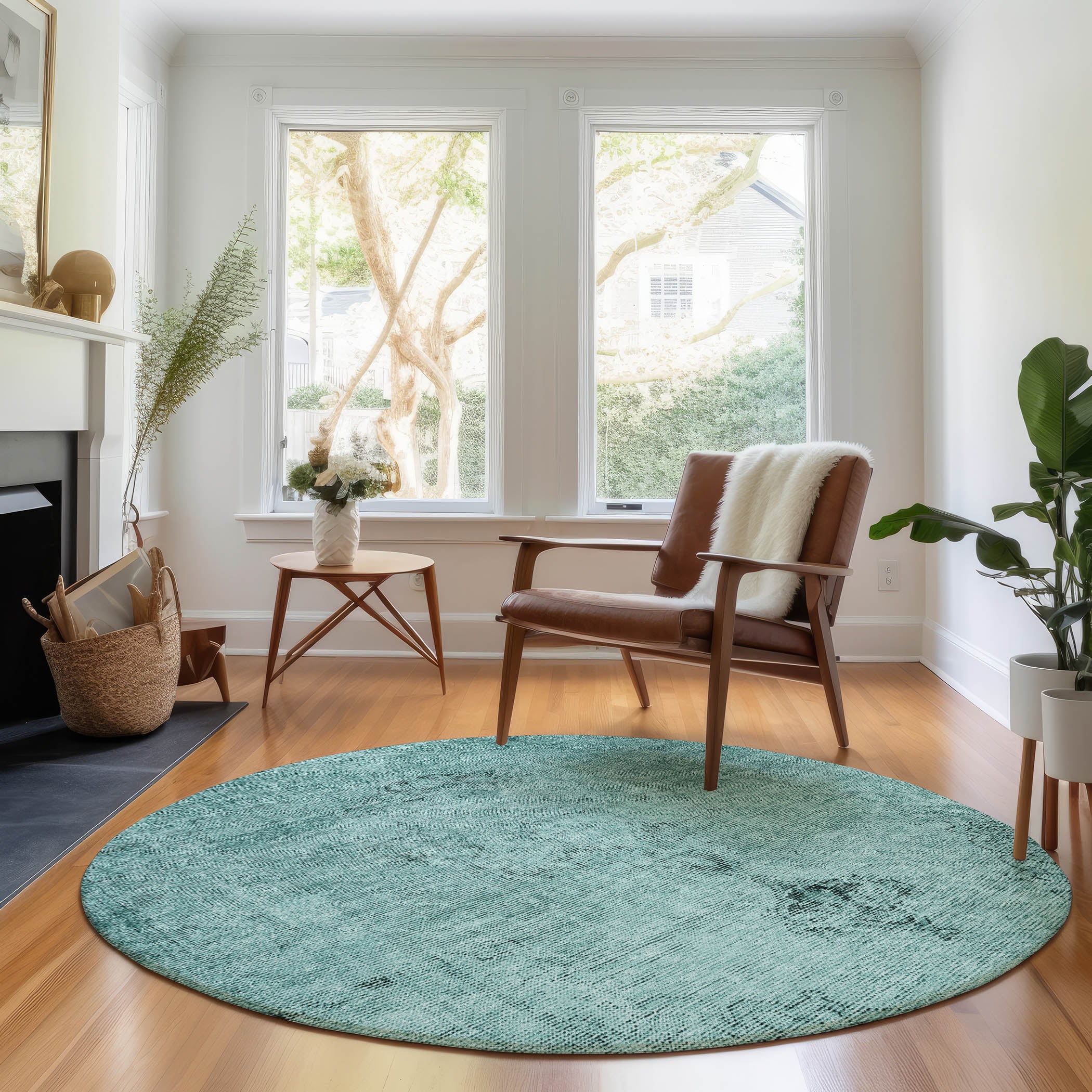 Seville Machine Washable Traditional Teal Rug 8' x 8' #shape_Round