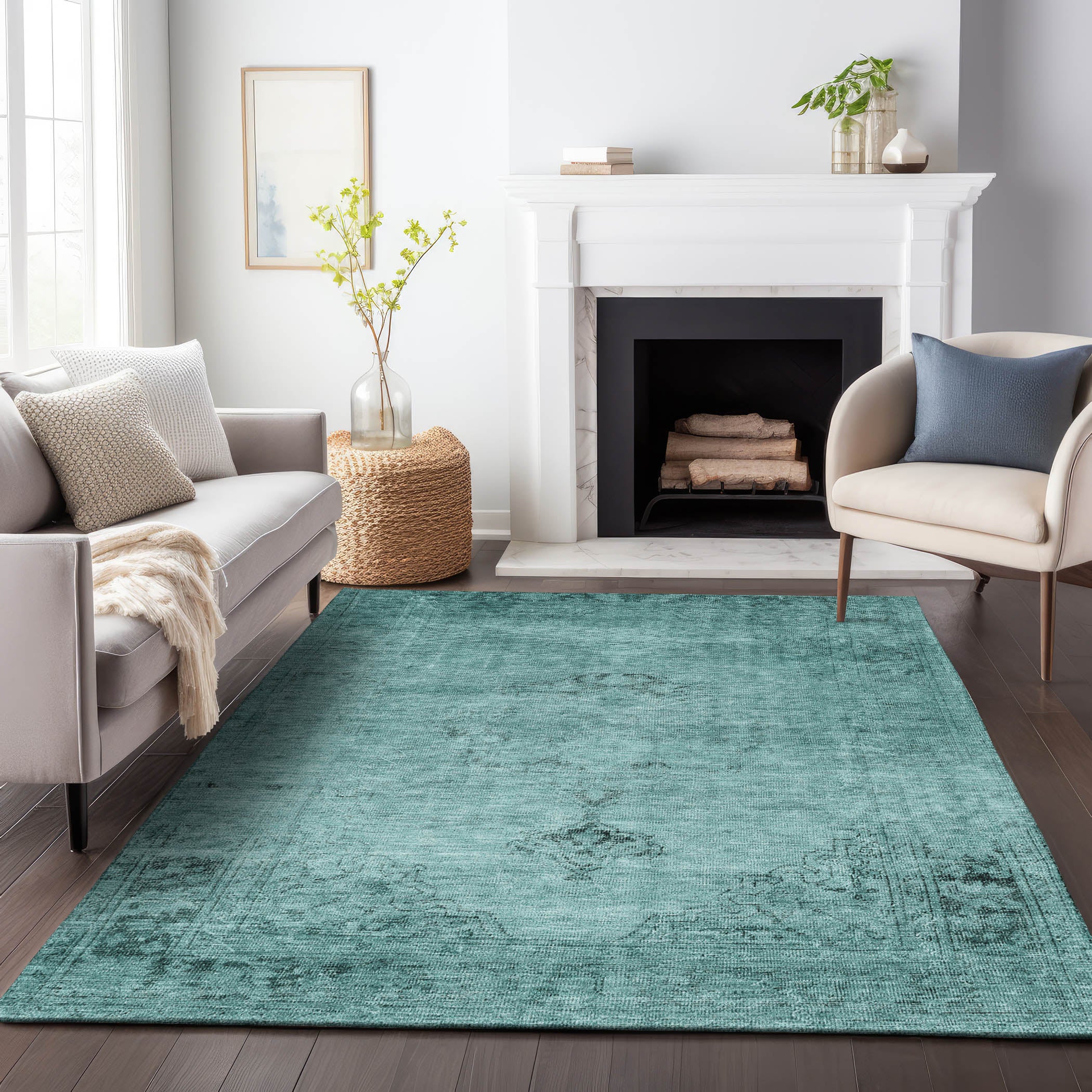 Seville Machine Washable Traditional Teal Rug 2'6" x 3'10" #shape_Rectangle