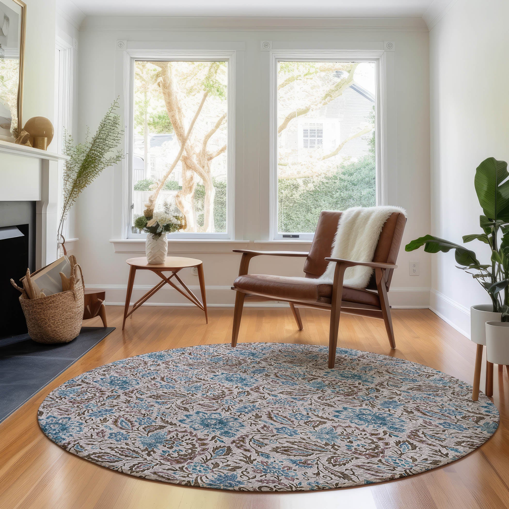 Kotor Machine Washable Transitional Mocha Brown Rug 8' x 8' #shape_Round