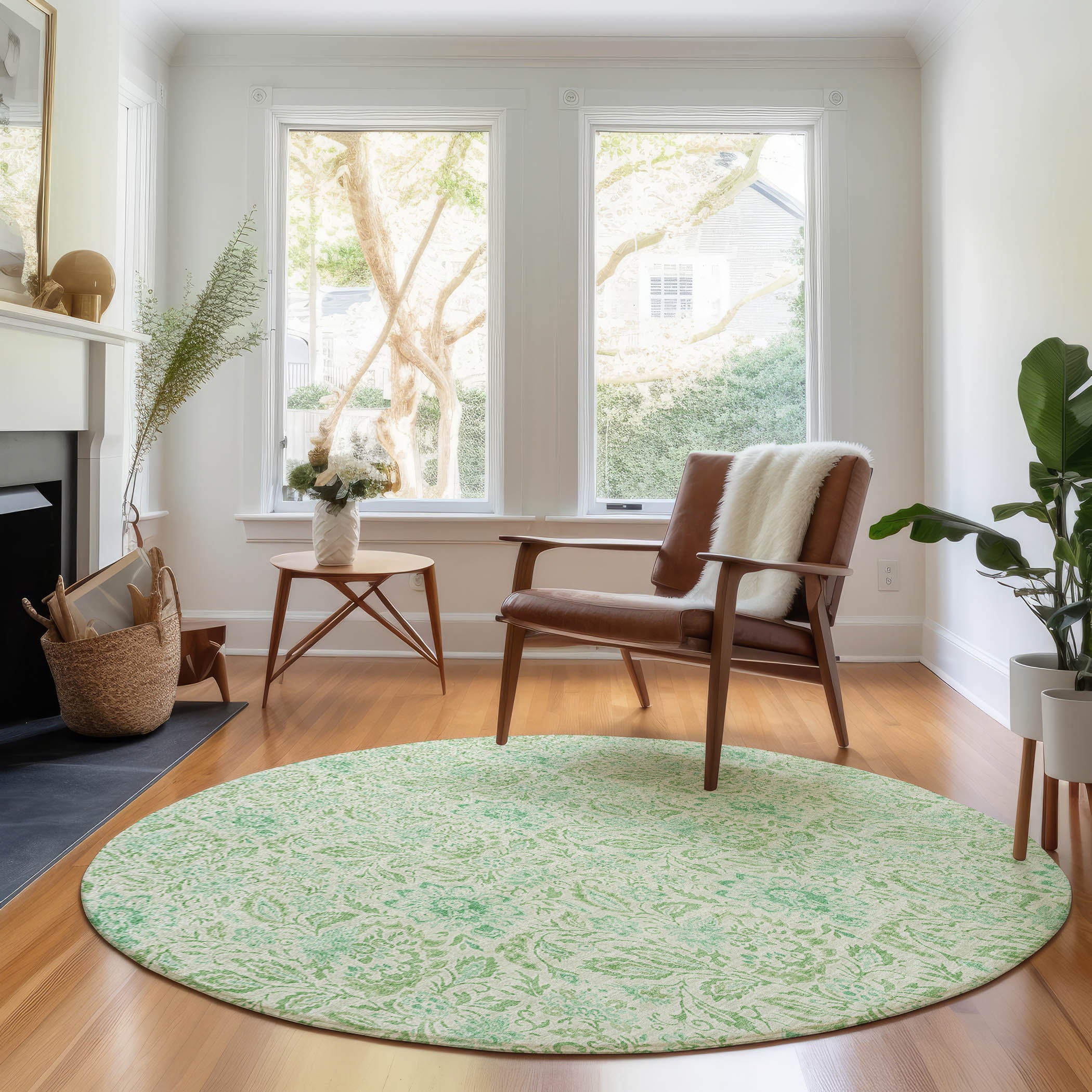 Kotor Machine Washable Transitional Sage Green Rug 8' x 8' #shape_Round
