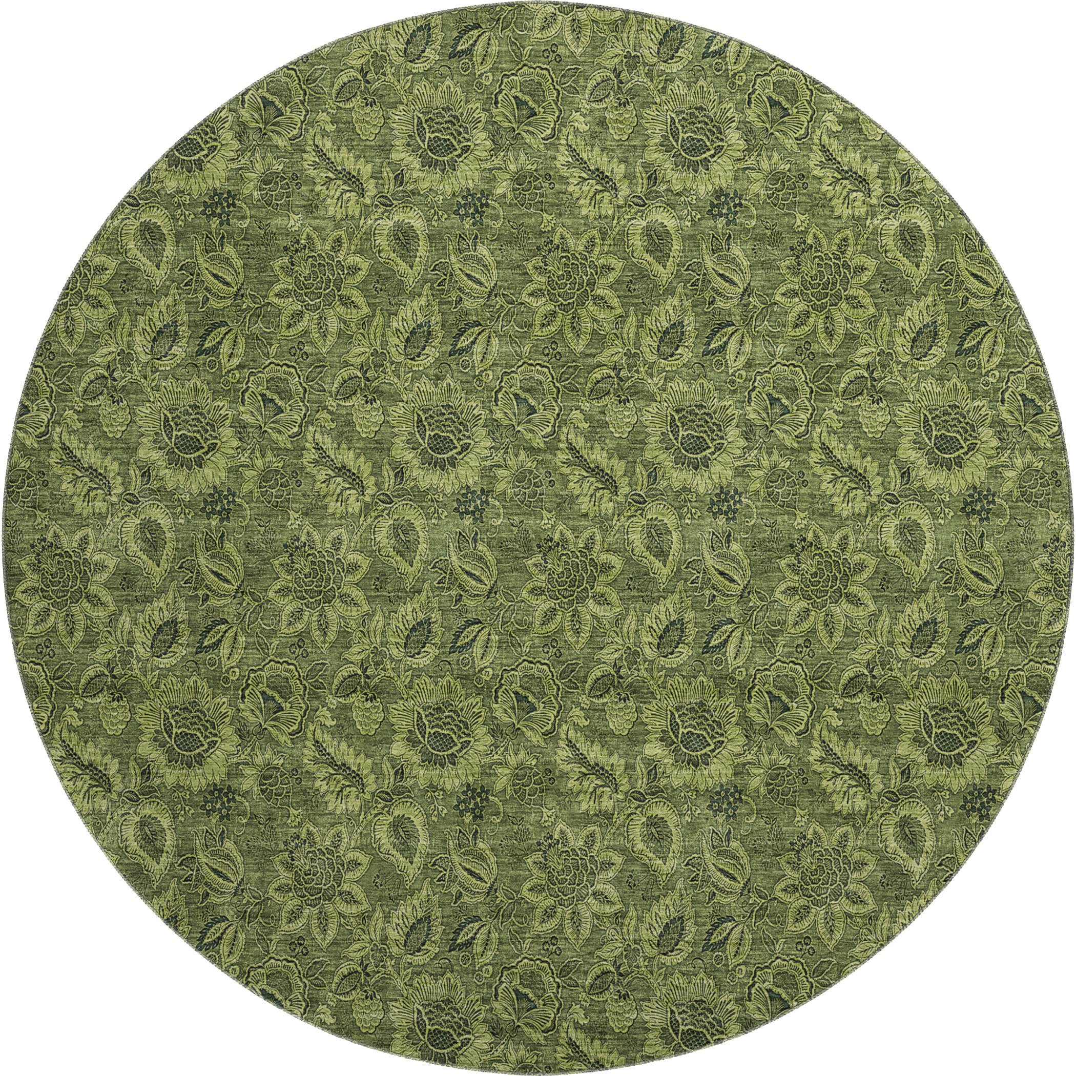Havana Machine Washable Transitional Olive Green Rug 8' x 8' #shape_Round
