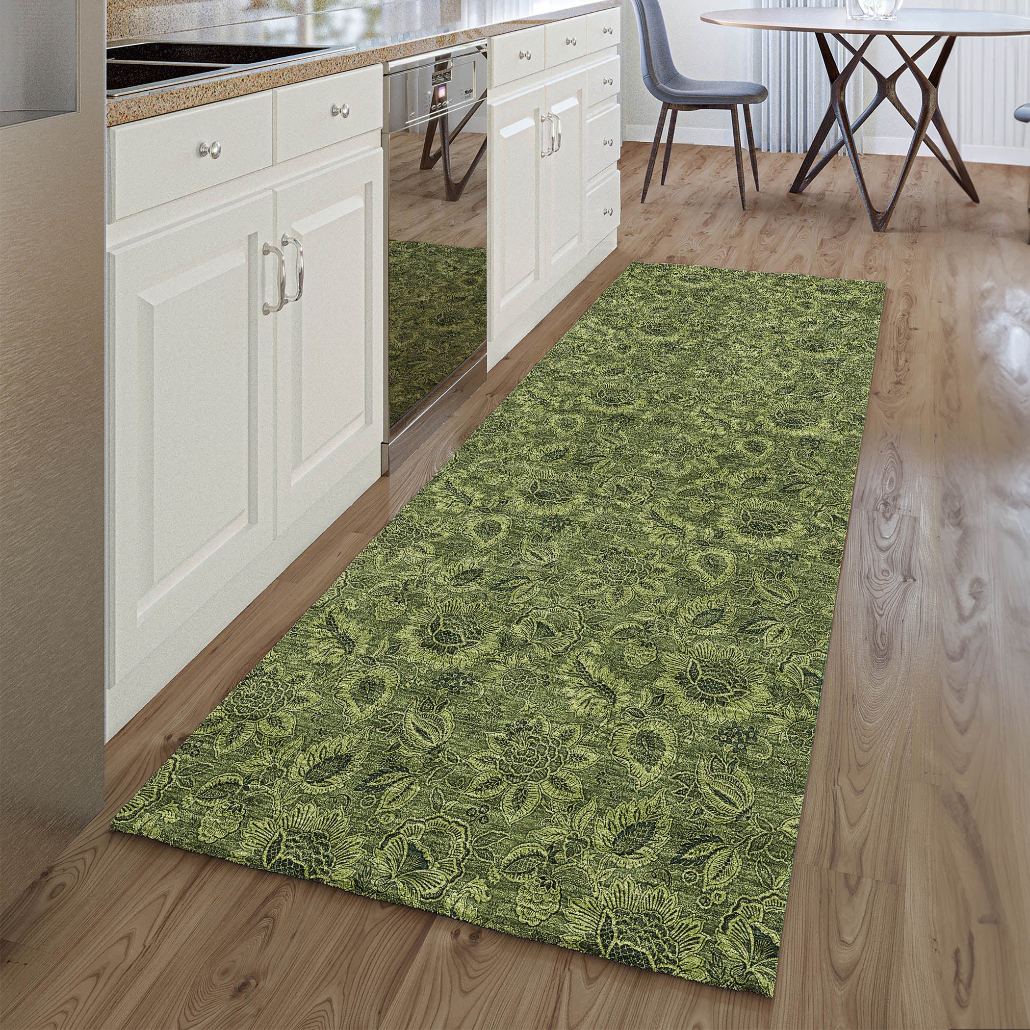 Havana Machine Washable Transitional Olive Green Rug 2'3" x 7'6" #shape_Runner