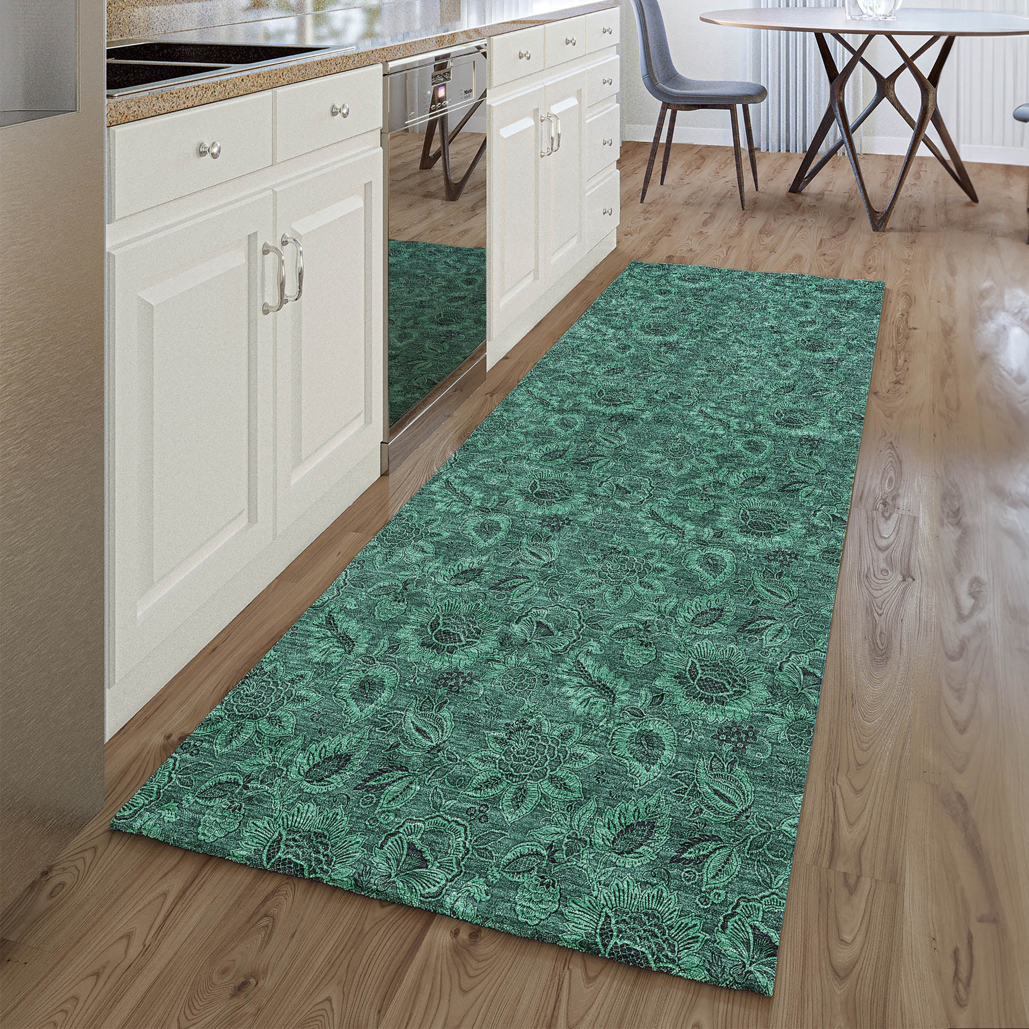 Havana Machine Washable Transitional Teal Rug 2'3" x 7'6" #shape_Runner