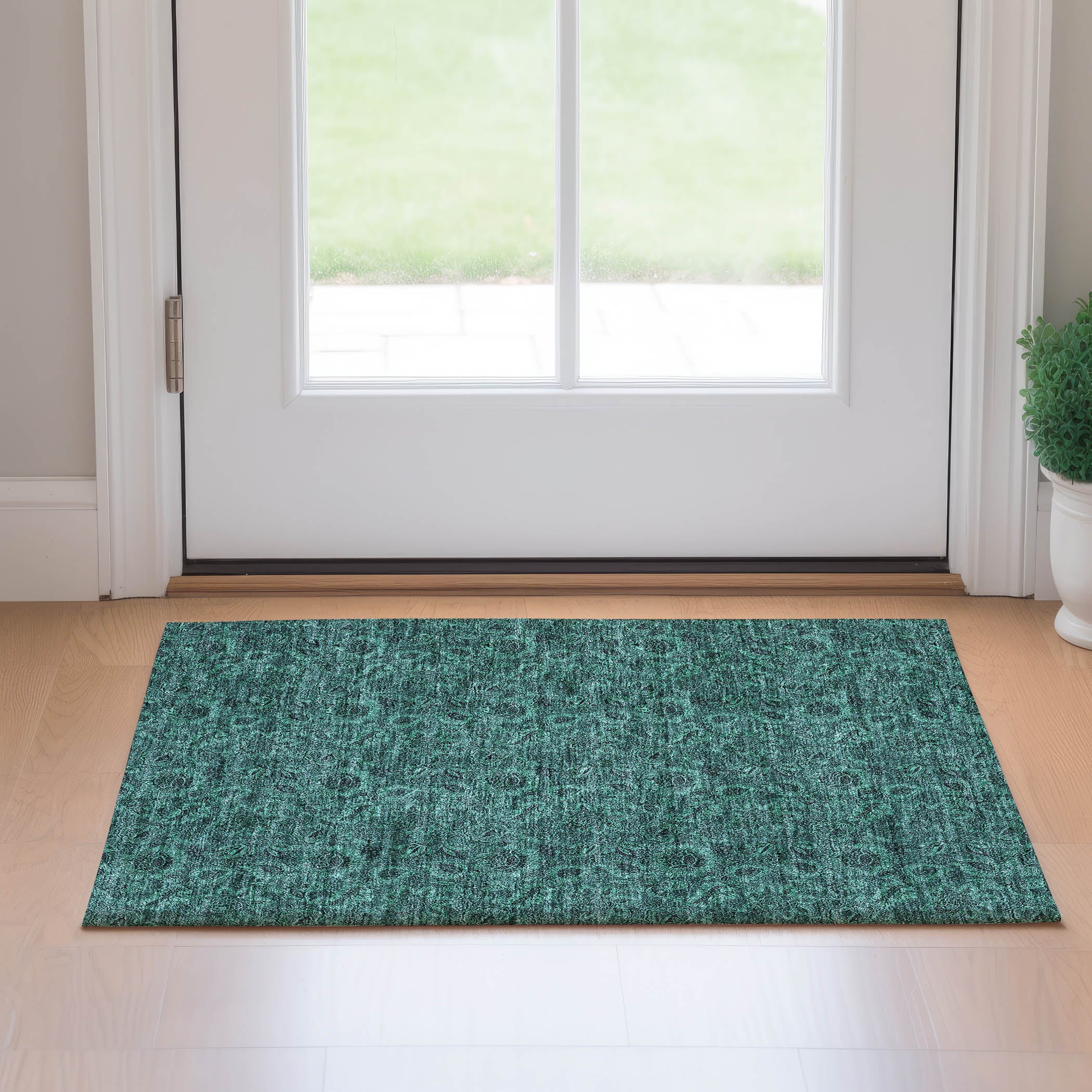Havana Machine Washable Transitional Teal Rug 1'8" x 2'6" #shape_Rectangle