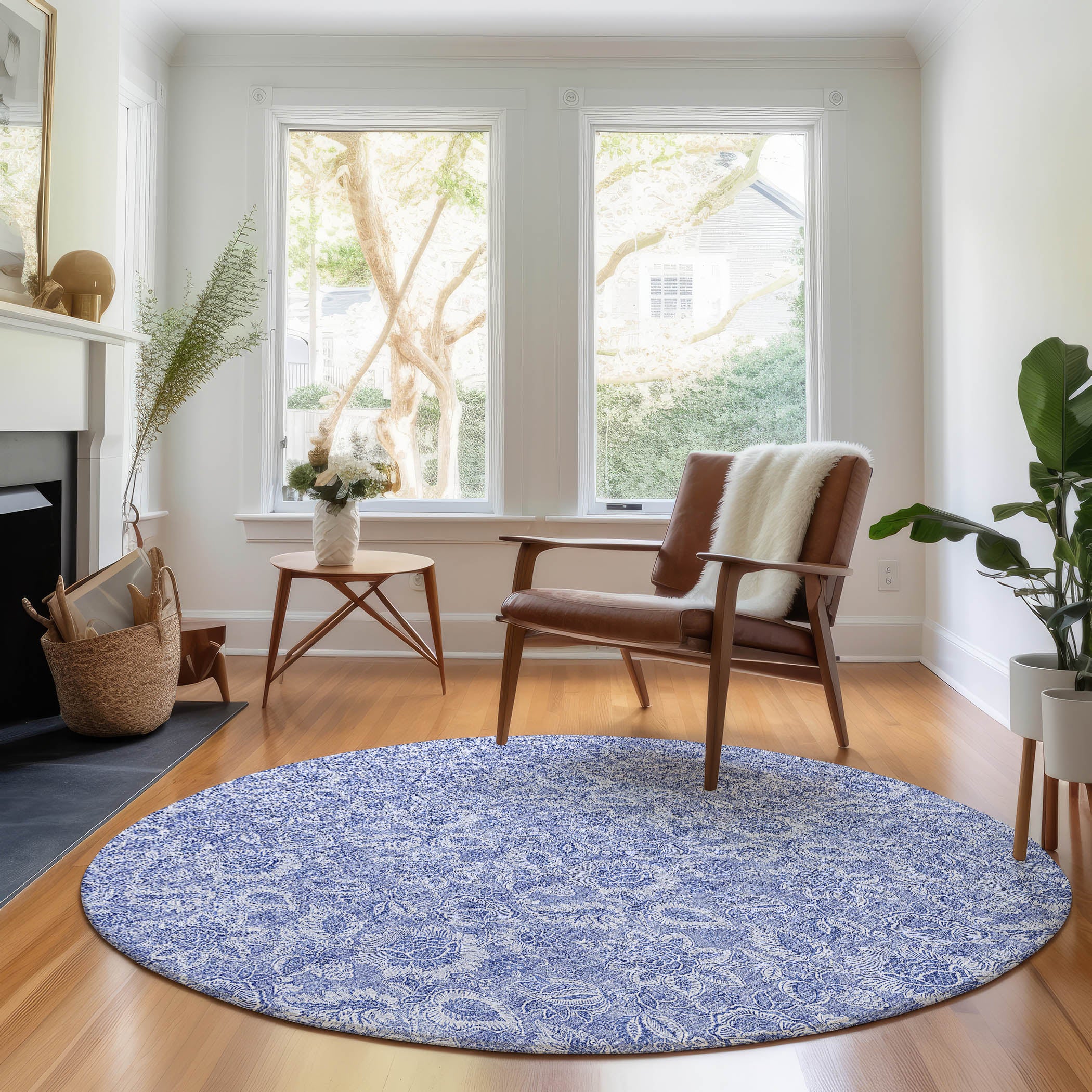Oslo Machine Washable Transitional Denim Blue Rug 8' x 8' #shape_Round