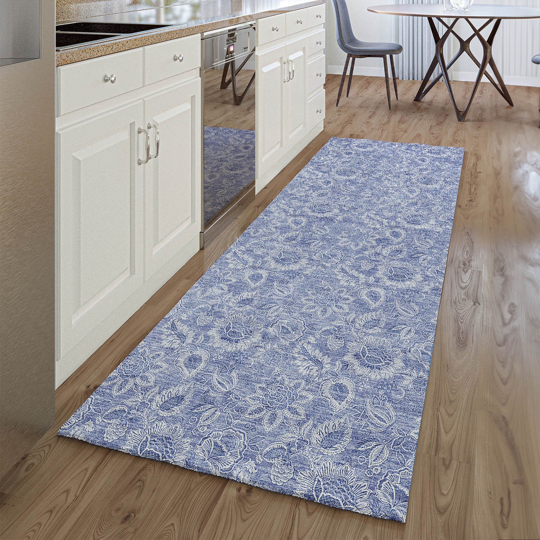 Oslo Machine Washable Transitional Denim Blue Rug 2'3" x 7'6" #shape_Runner