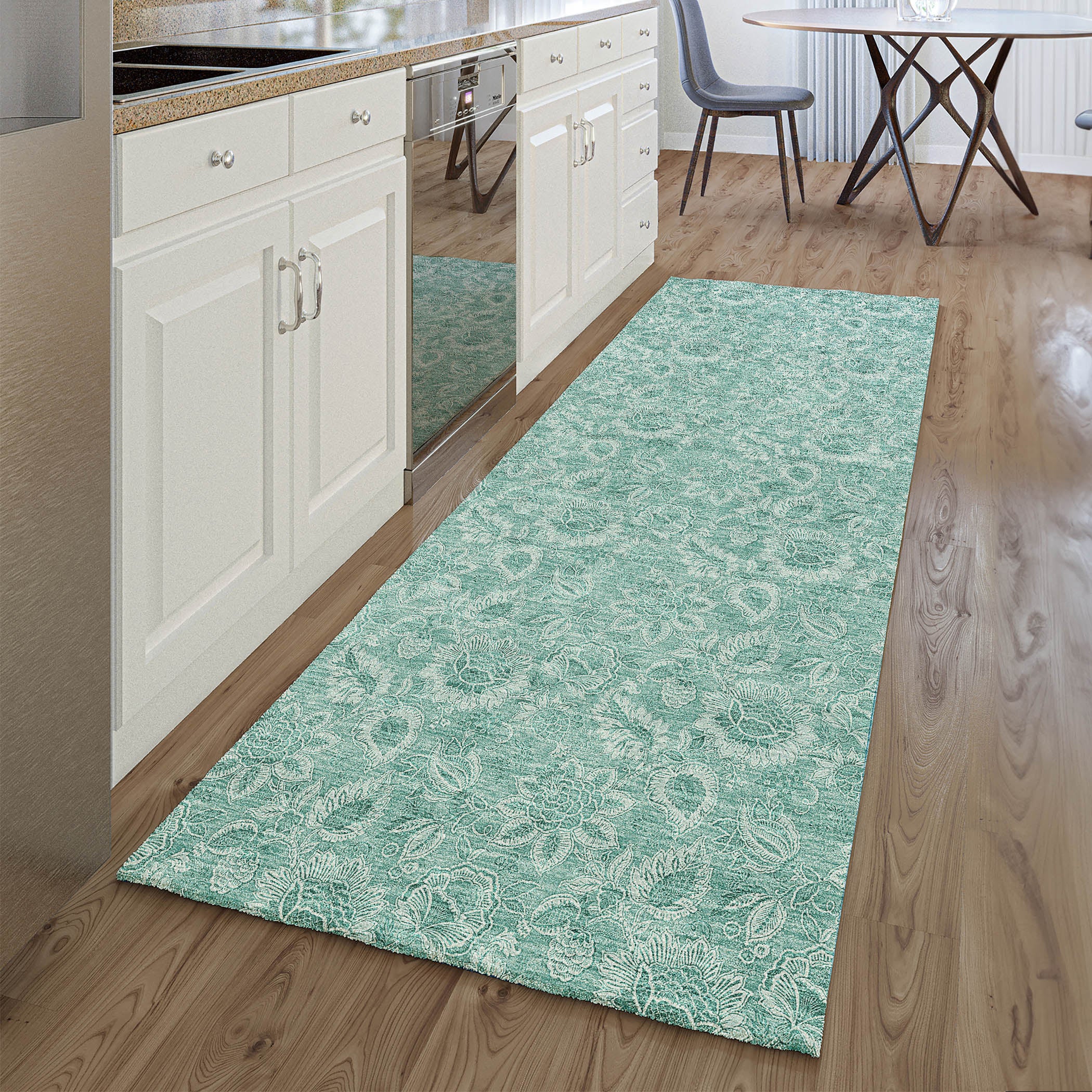 Oslo Machine Washable Transitional Teal Rug 2'3" x 7'6" #shape_Runner