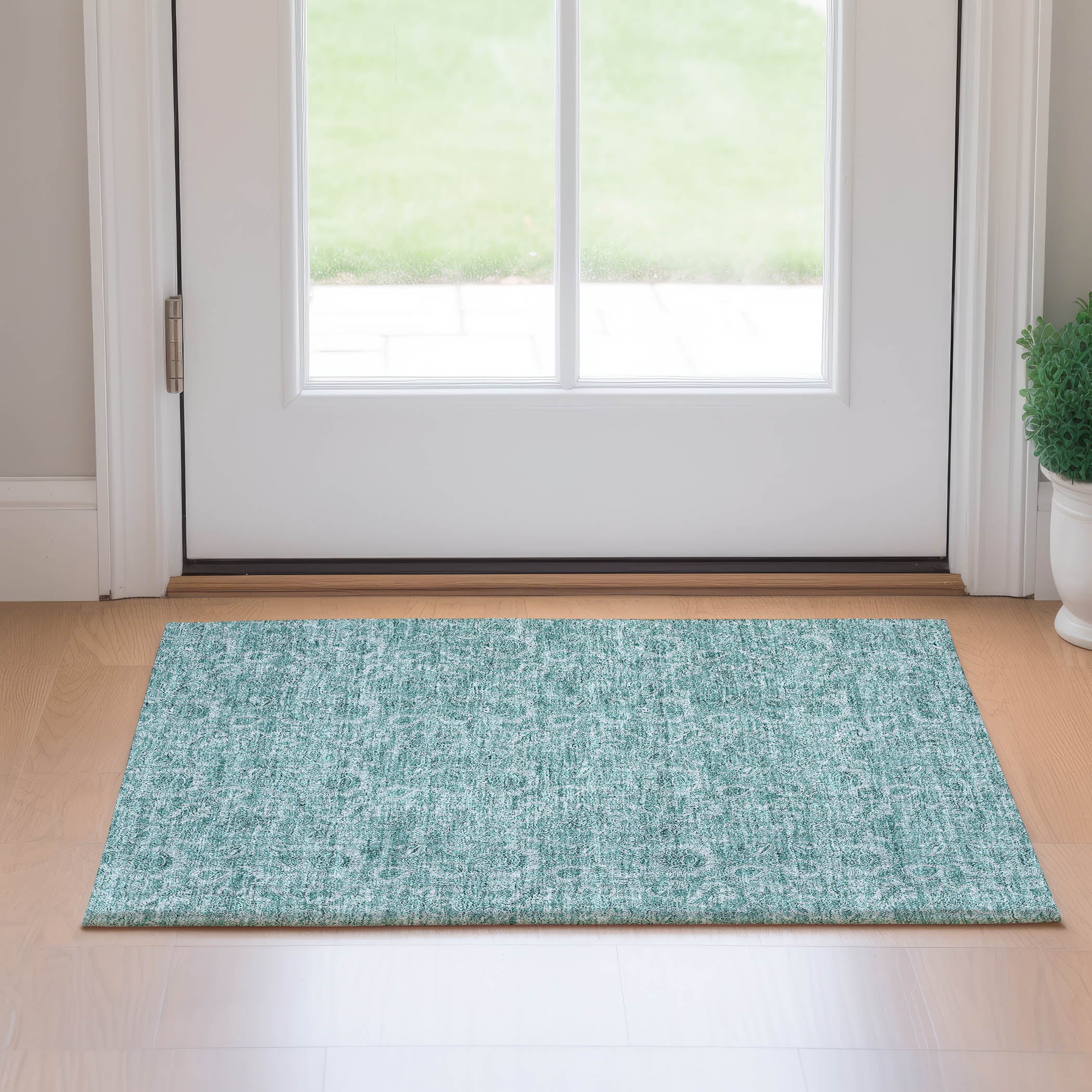 Oslo Machine Washable Transitional Teal Rug 1'8" x 2'6" #shape_Rectangle