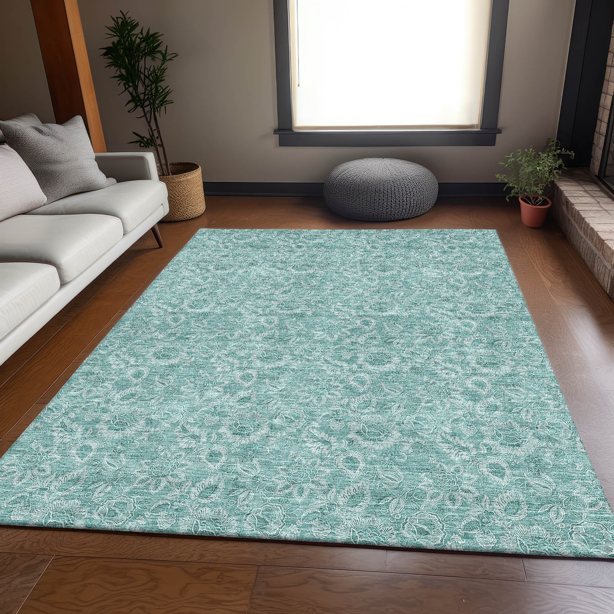 Oslo Machine Washable Transitional Teal Rug 2'6" x 3'10" #shape_Rectangle
