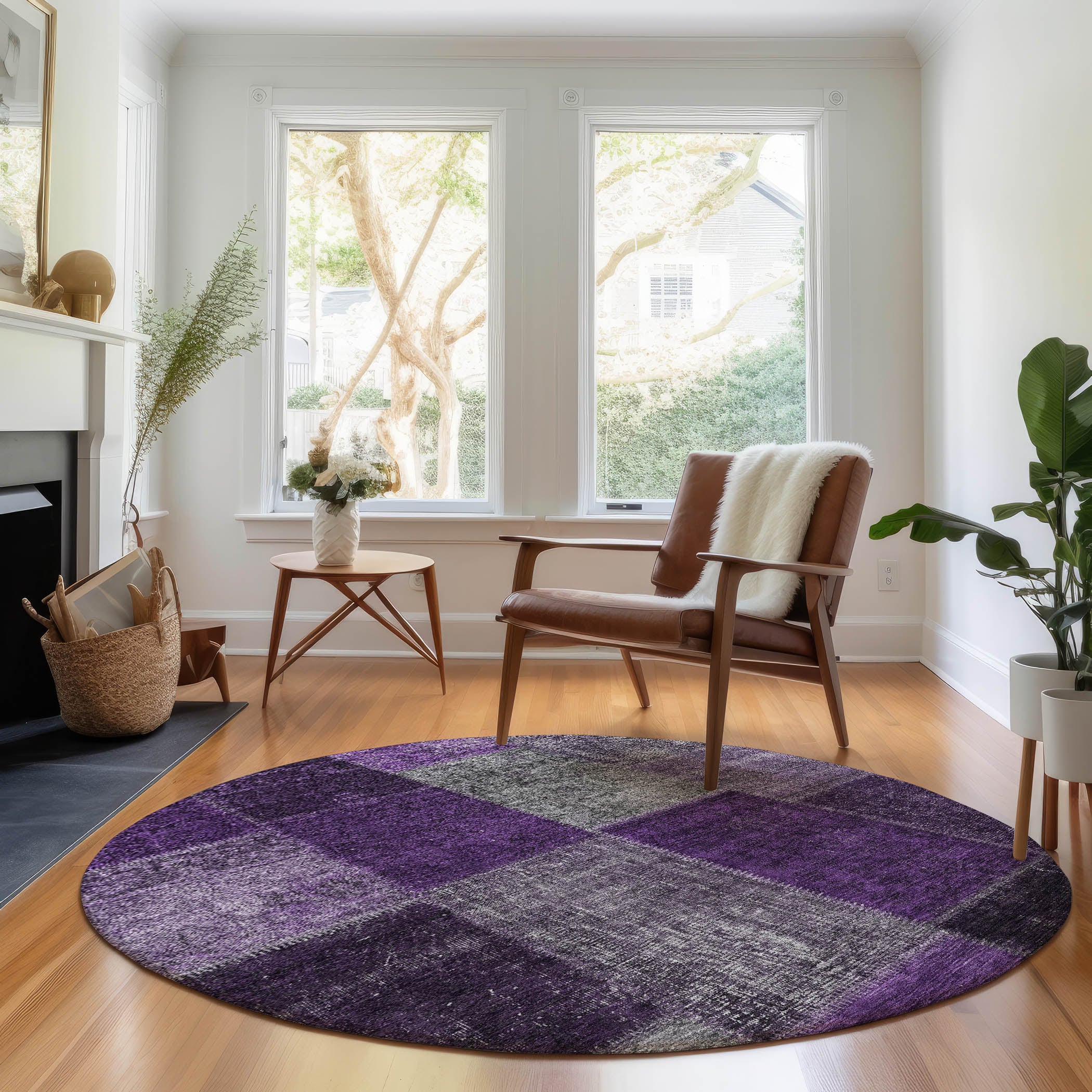 Havana Machine Washable Transitional Eggplant Purple Rug 8' x 8' #shape_Round