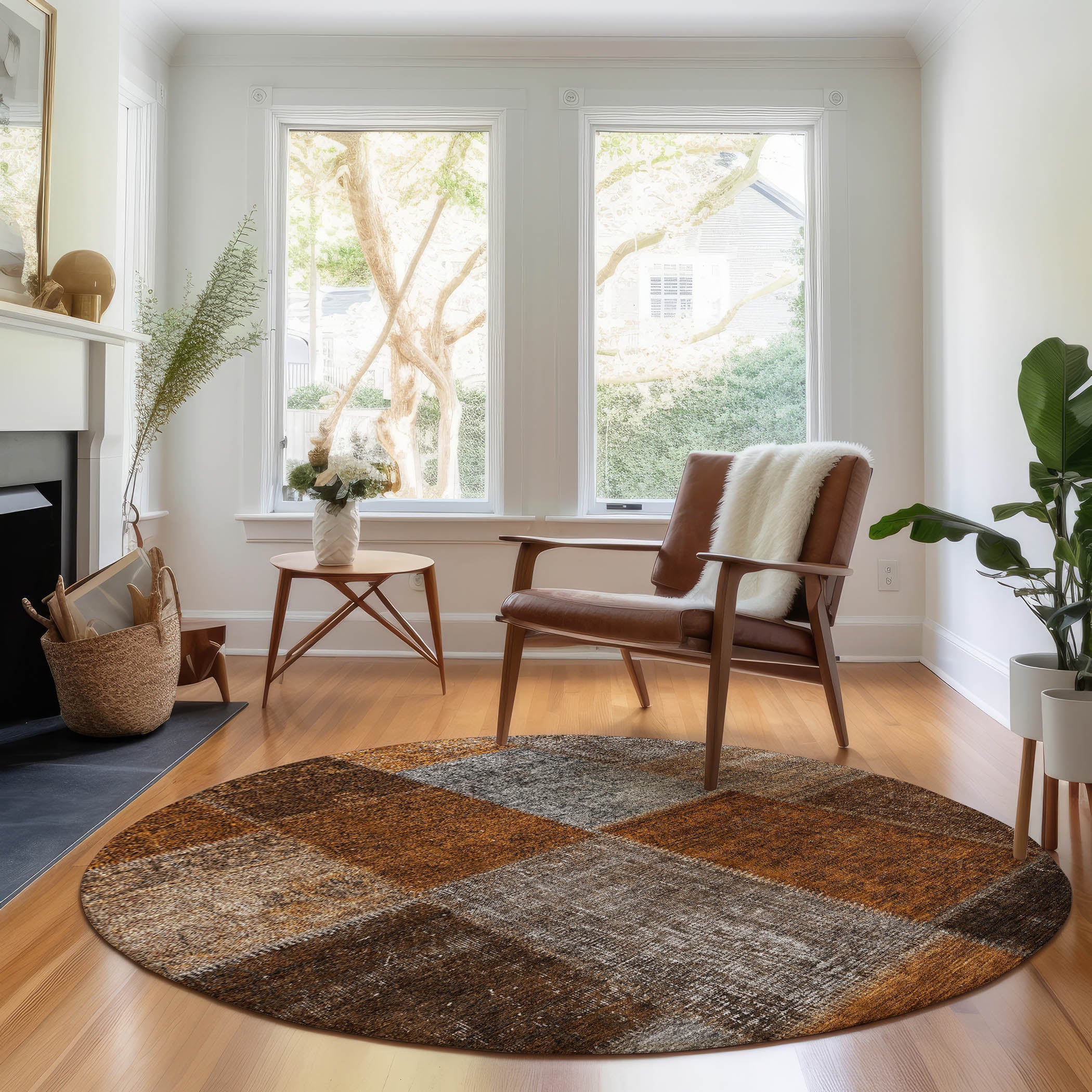 Havana Machine Washable Transitional Paprika Orange Rug 8' x 8' #shape_Round