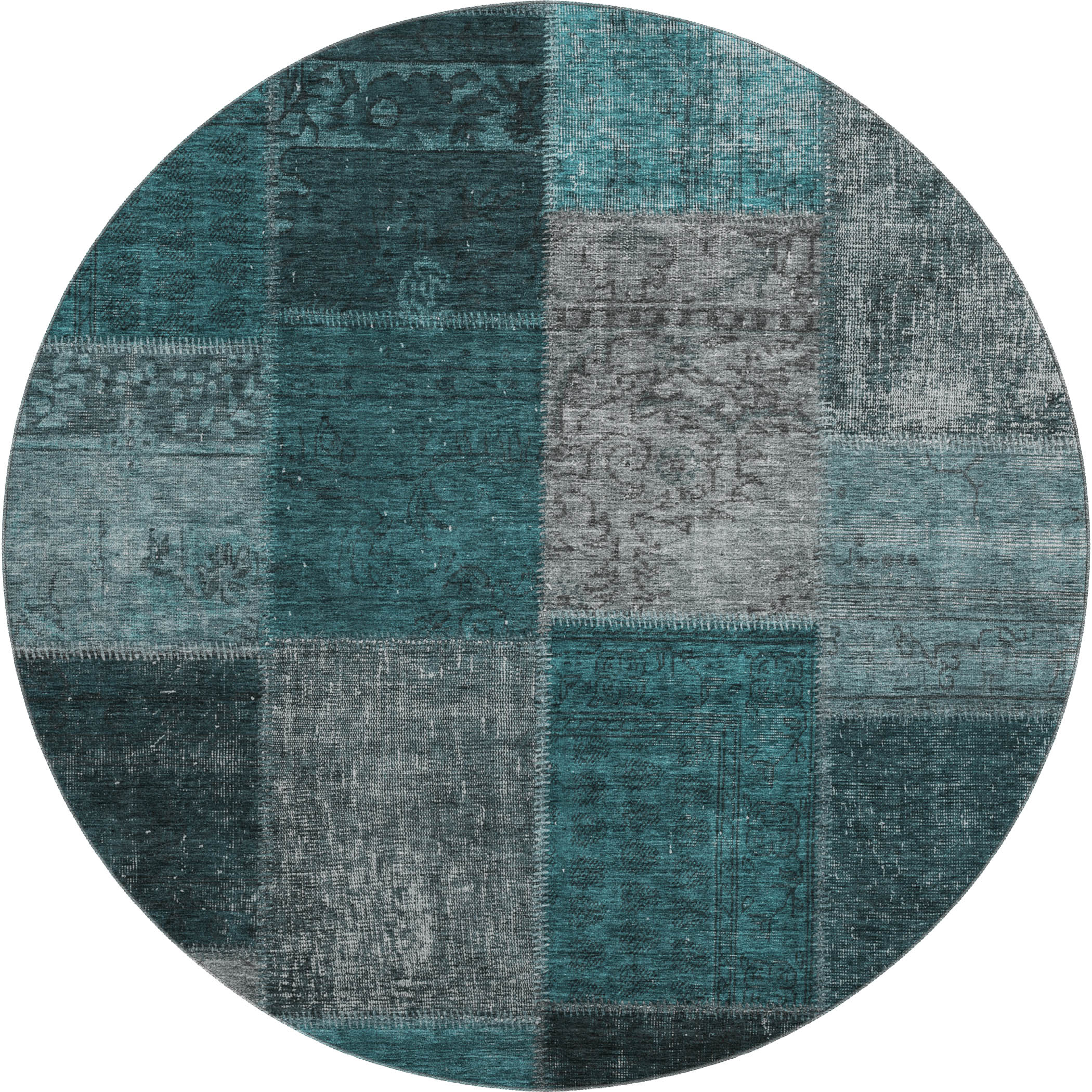 Havana Machine Washable Transitional Teal Rug 8' x 8' #shape_Round