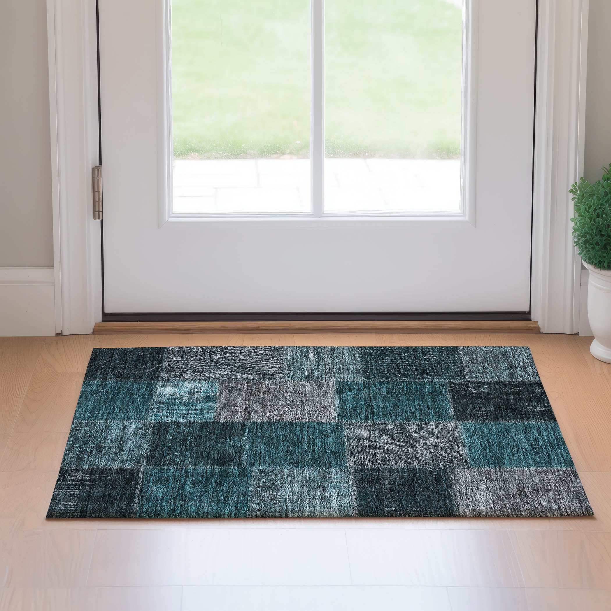 Havana Machine Washable Transitional Teal Rug 1'8" x 2'6" #shape_Rectangle