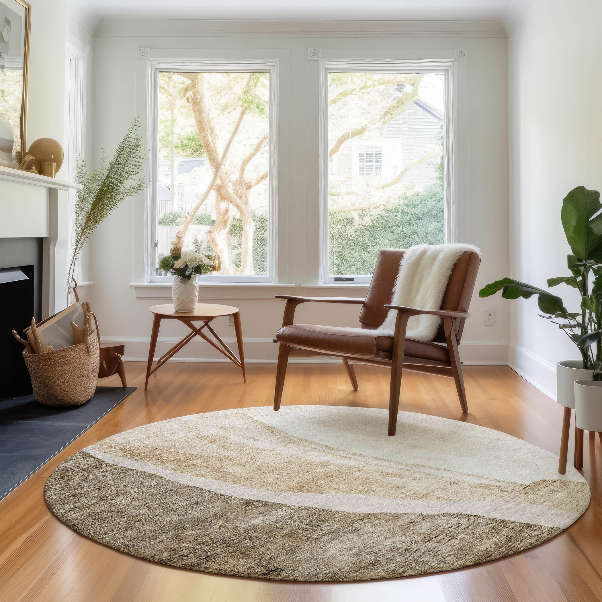 Seville Machine Washable Transitional Brown Rug 8' x 8' #shape_Round